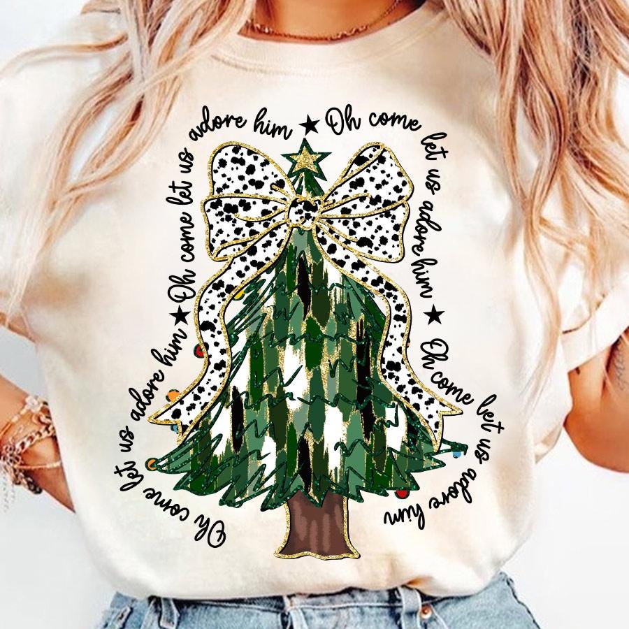 Oh Come Let Us Adore Him Png, Jesus Christmas Png, Colorful Glitter Christmas Tree Png, Christian Christmas, Dalmatian Dots, Tree with Bow SCU