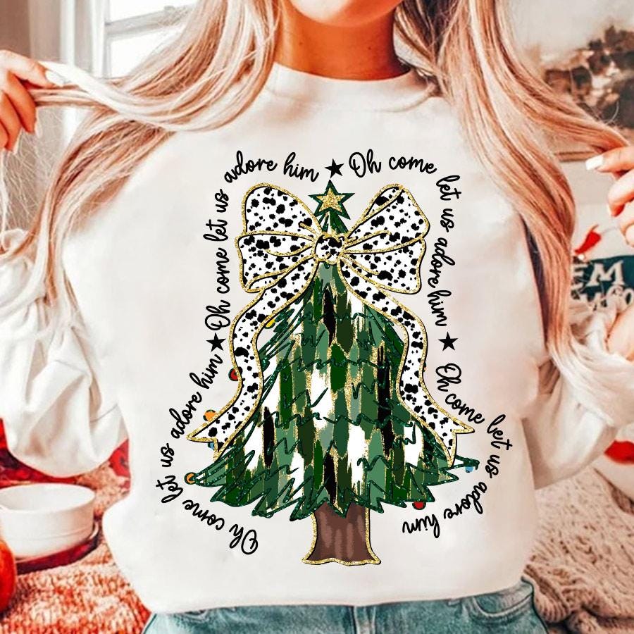 Oh Come Let Us Adore Him Png, Jesus Christmas Png, Colorful Glitter Christmas Tree Png, Christian Christmas, Dalmatian Dots, Tree with Bow SCU