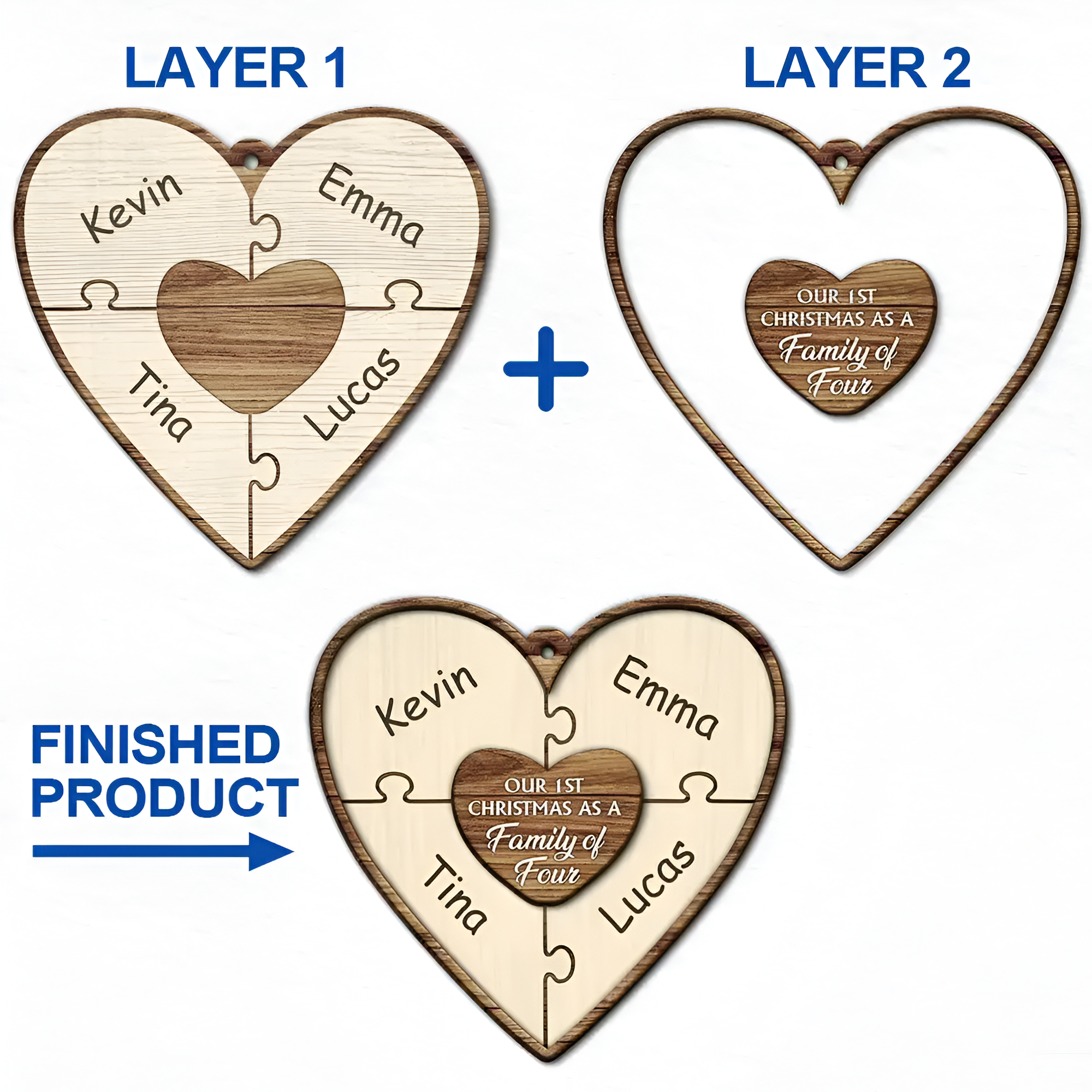 Our First Christmas As A Family Of Three Puzzle - Personalized 2-Layered Wooden Ornament ORHA24