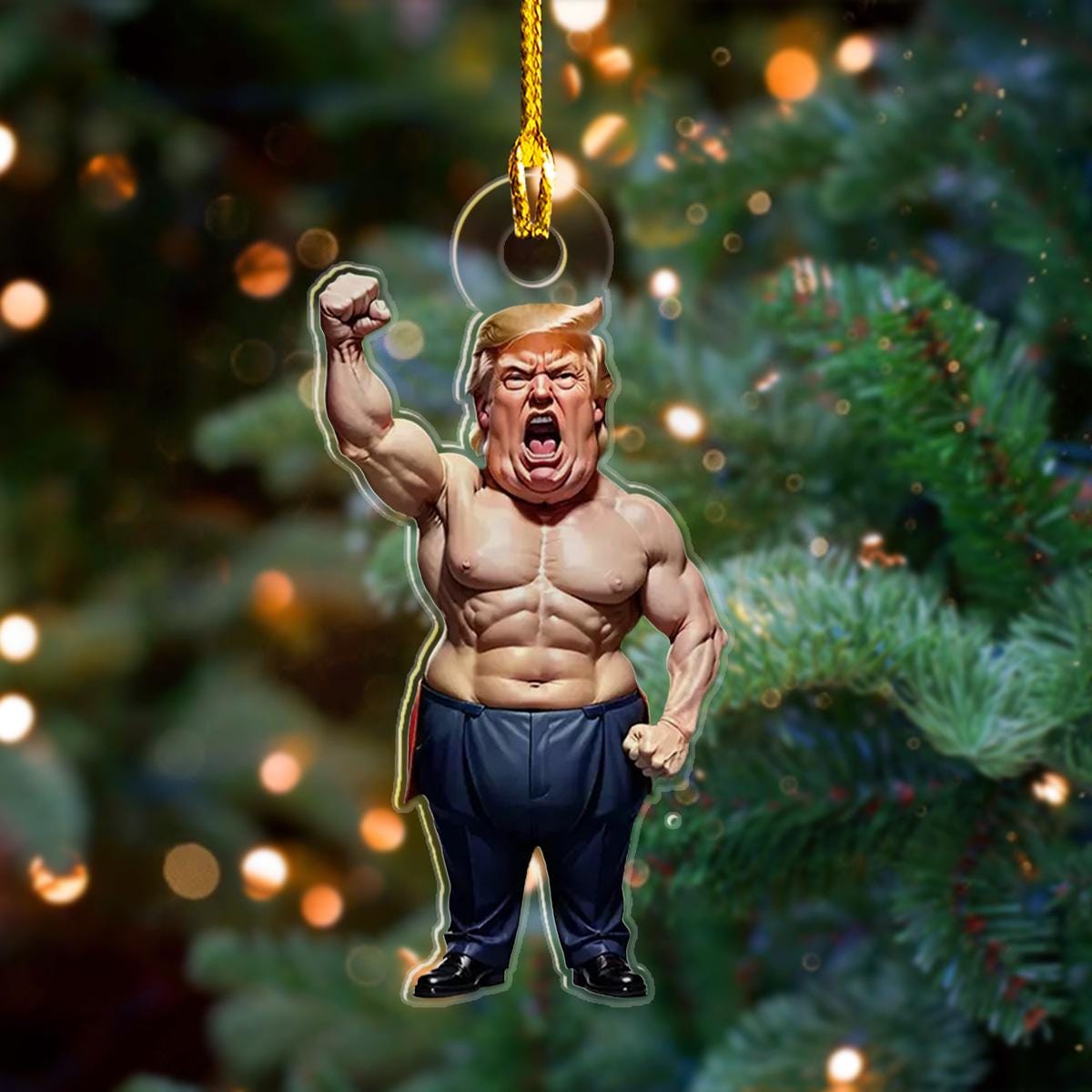 Patriotic Trump Strongman Christmas Ornament, Stand With Trump Gift, American Pride Keepsake 2D Printed Ornament, President Trump Ornament ORNO5