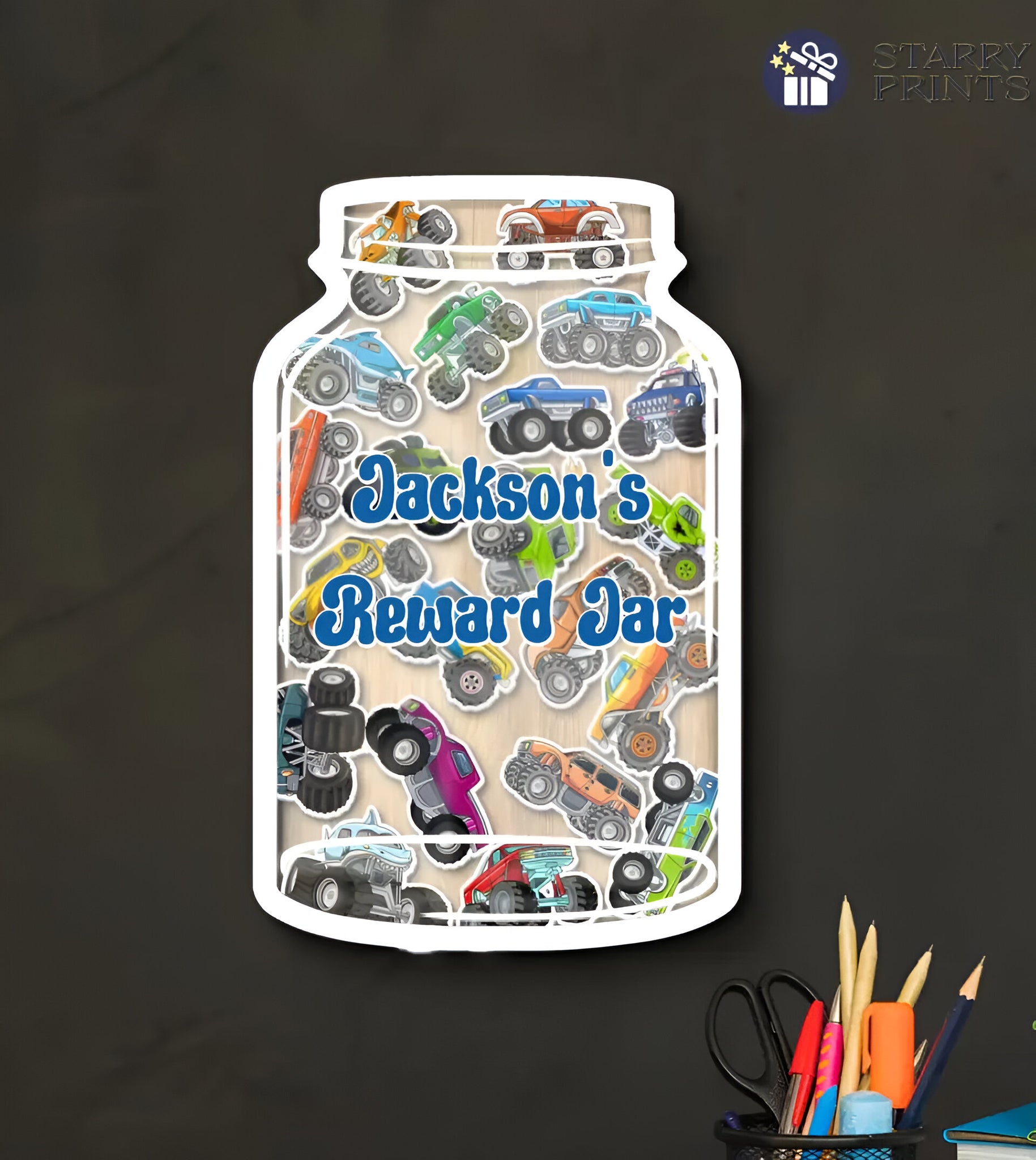 Personalized Reward Jar With Monster Truck Tokens- Motivational Goal Tracker For Boys - Gift For Rejar