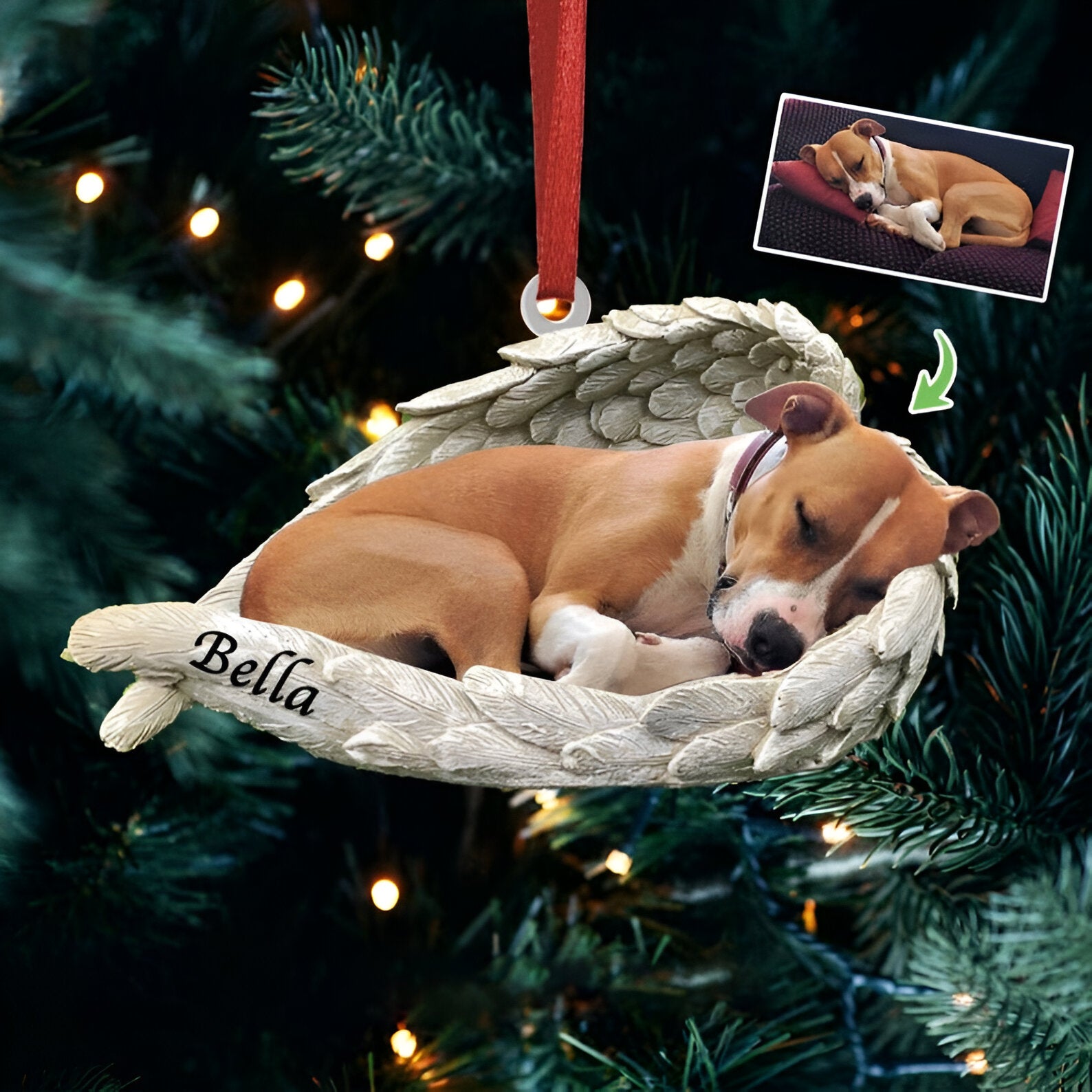 Personalized Photo Dog Loss Memorial Ornament, Sleeping Pet Within Angel Wings, Loss Pet Gifts, Dog Lovers Gift, Custom Pet Ornament Gift ORN0110