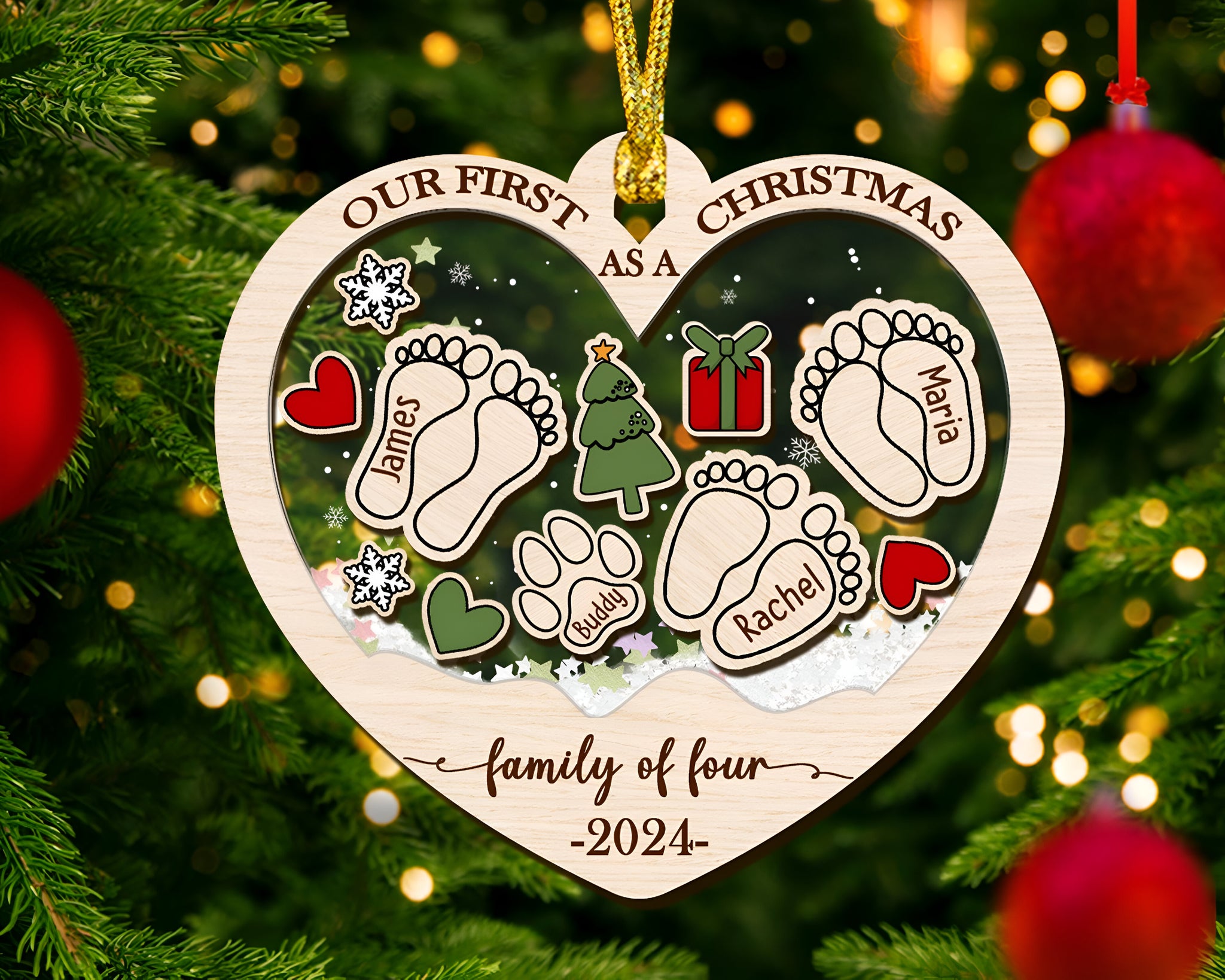Personalized First Christmas As A Family Of Four Ornament, Custom Footprints Shaker Ornament, Baby First Ornament, Newborn Gift, Family Gift HAOR10