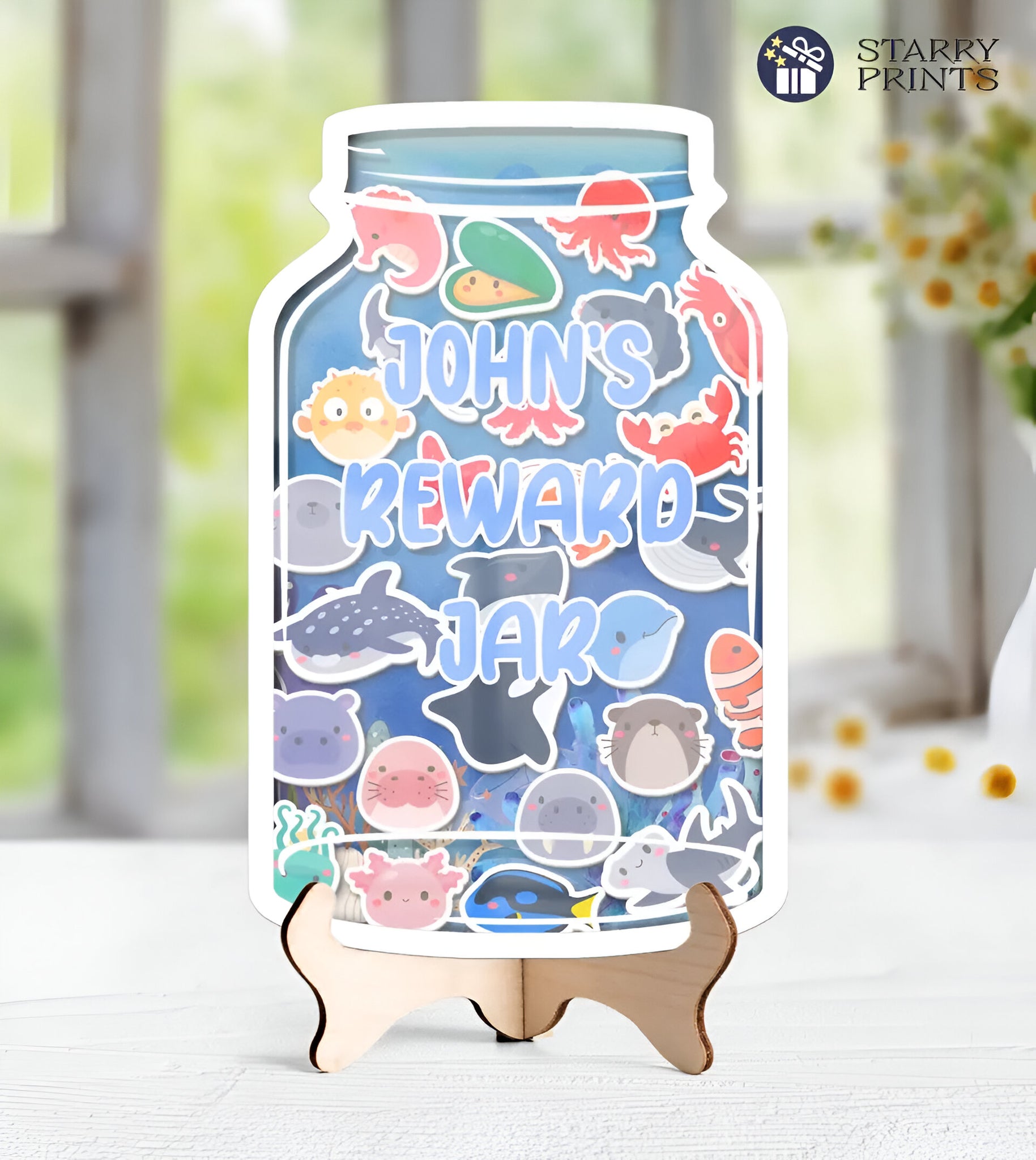 Personalized Kids' Reward Jar with Ocean Animal Tokens - Motivational Goal Tracker & Effective Behavior Reward System for Home and Classroom Rejar