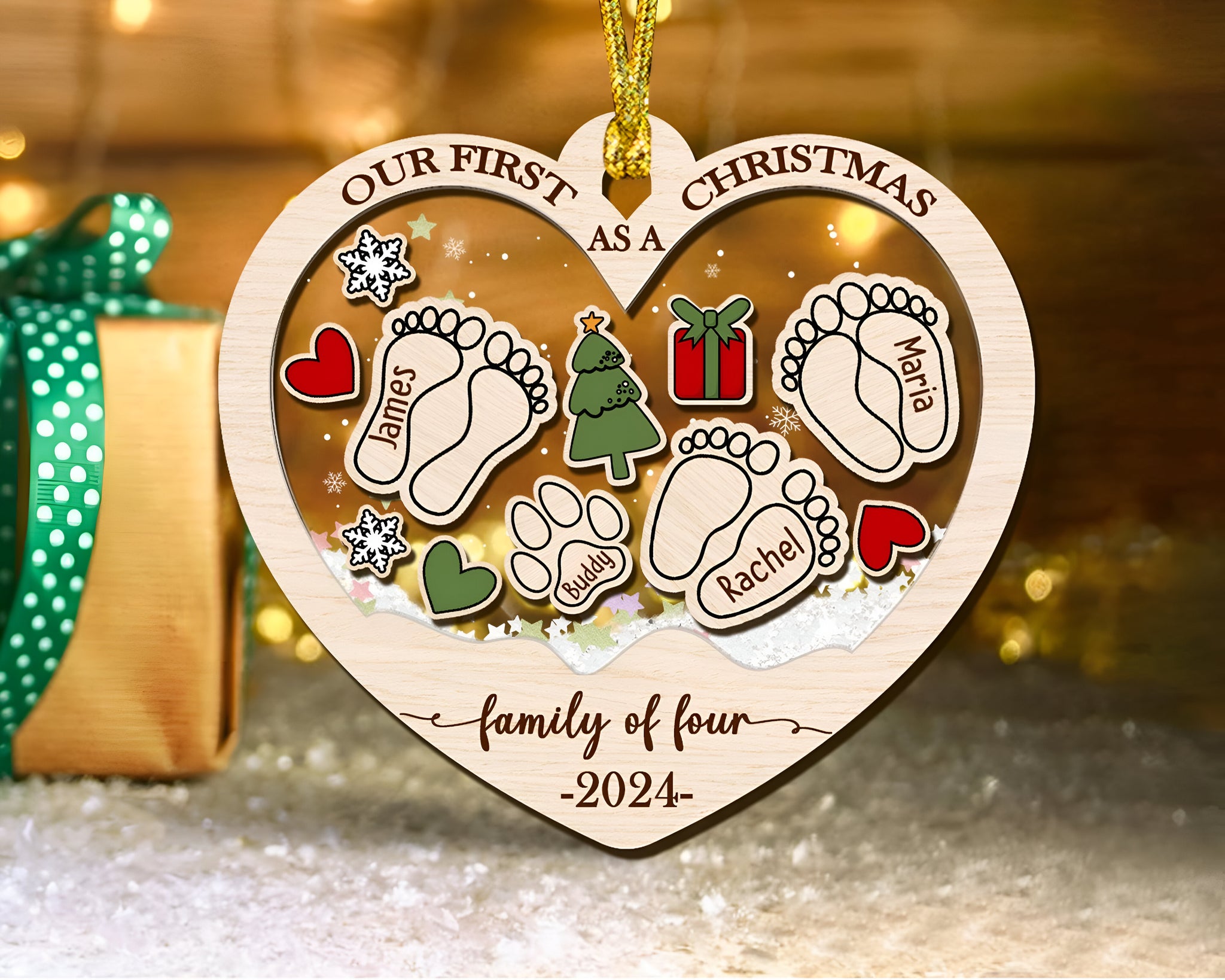 Personalized First Christmas As A Family Of Four Ornament, Custom Footprints Shaker Ornament, Baby First Ornament, Newborn Gift, Family Gift HAOR10