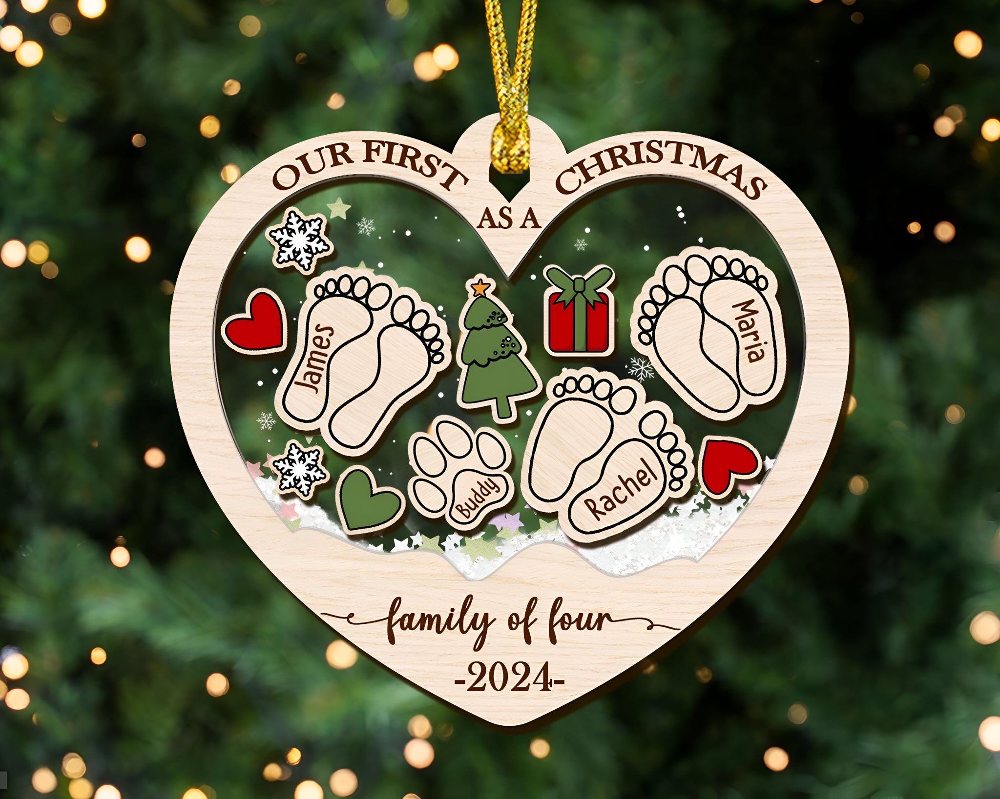 Personalized First Christmas As A Family Of Four Ornament, Custom Footprints Shaker Ornament, Baby First Ornament, Newborn Gift, Family Gift HAOR10