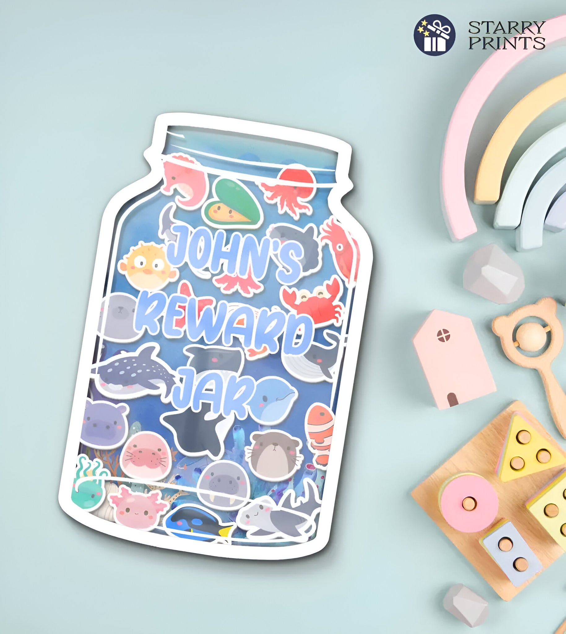 Personalized Kids' Reward Jar with Ocean Animal Tokens - Motivational Goal Tracker & Effective Behavior Reward System for Home and Classroom Rejar