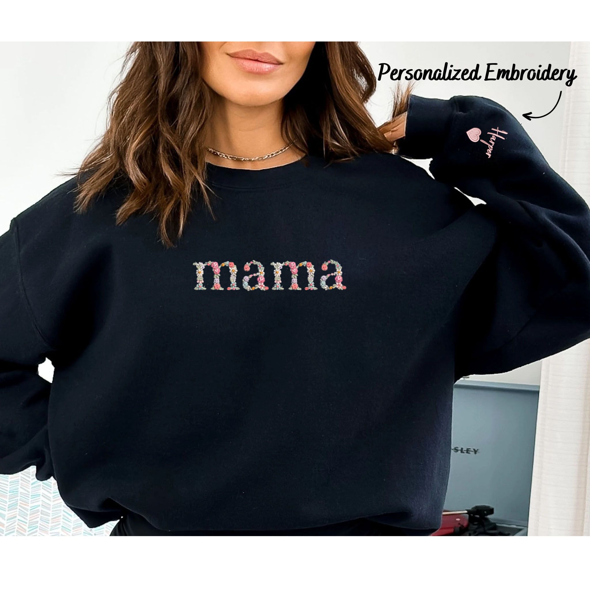 Personalised Embroidered Swearshirt with Alphabet Floral Embroidery Letters, Best Gifts For Mom EM2