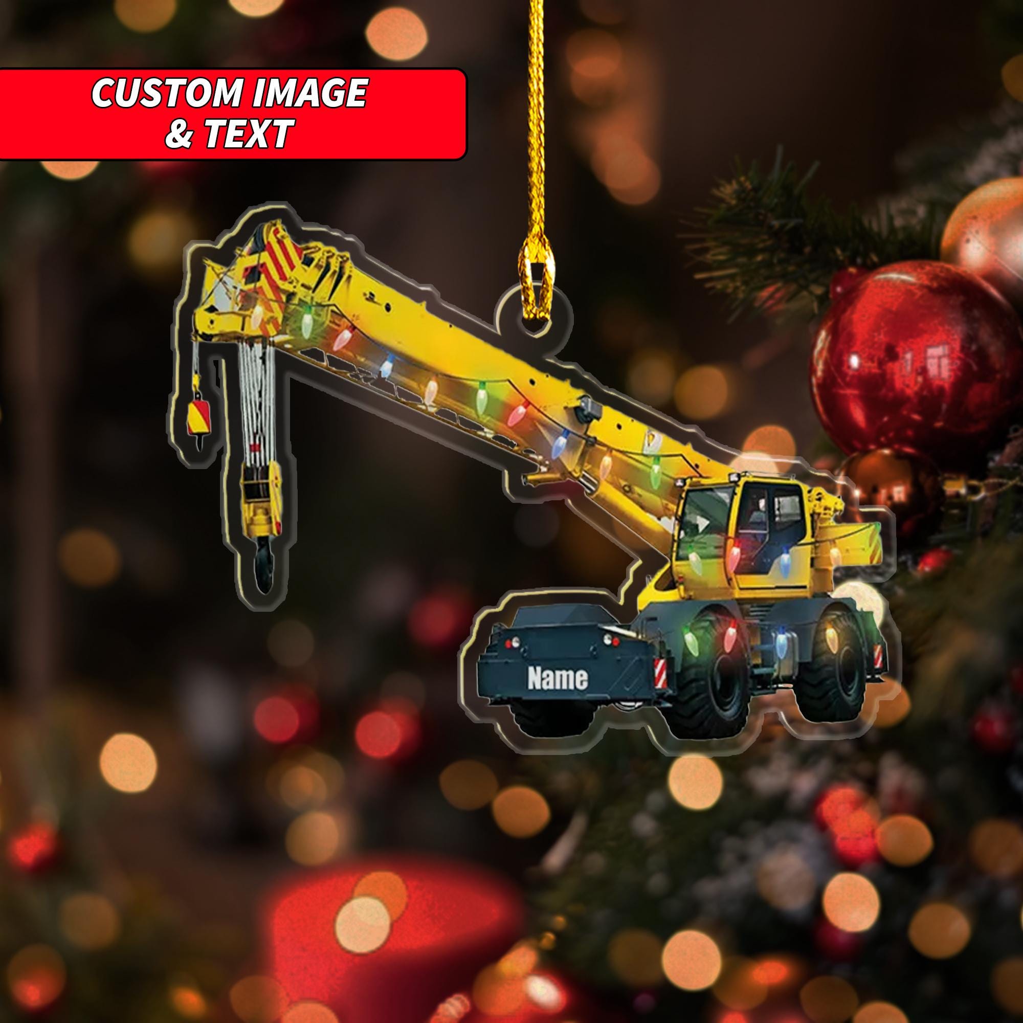 Personalize Crane Vehicles With Christmas Light Christmas Ornament, Excavator Christmas Ornament, Custom Name Acrylic Ornament ORNO5