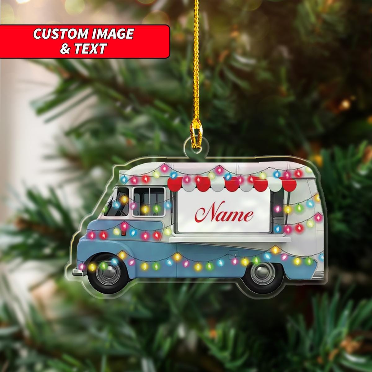 Personalize Food truck With Christmas Lighht Christmas Ornament, Food Truck Christmas Ornament, Custom Name Acrylic Ornament ORNO5