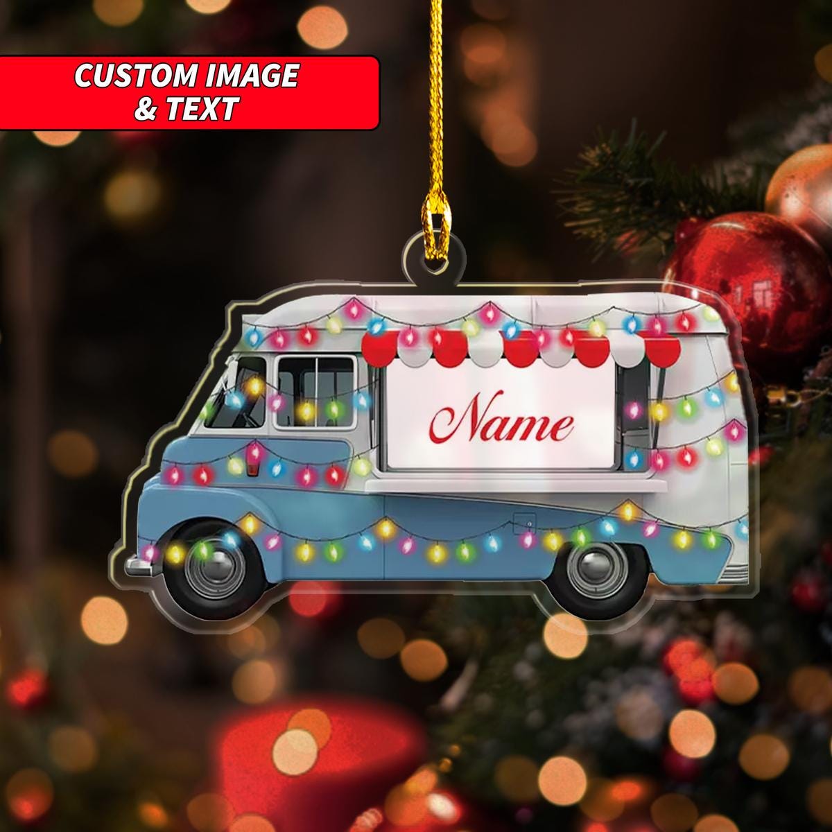 Personalize Food truck With Christmas Lighht Christmas Ornament, Food Truck Christmas Ornament, Custom Name Acrylic Ornament ORNO5