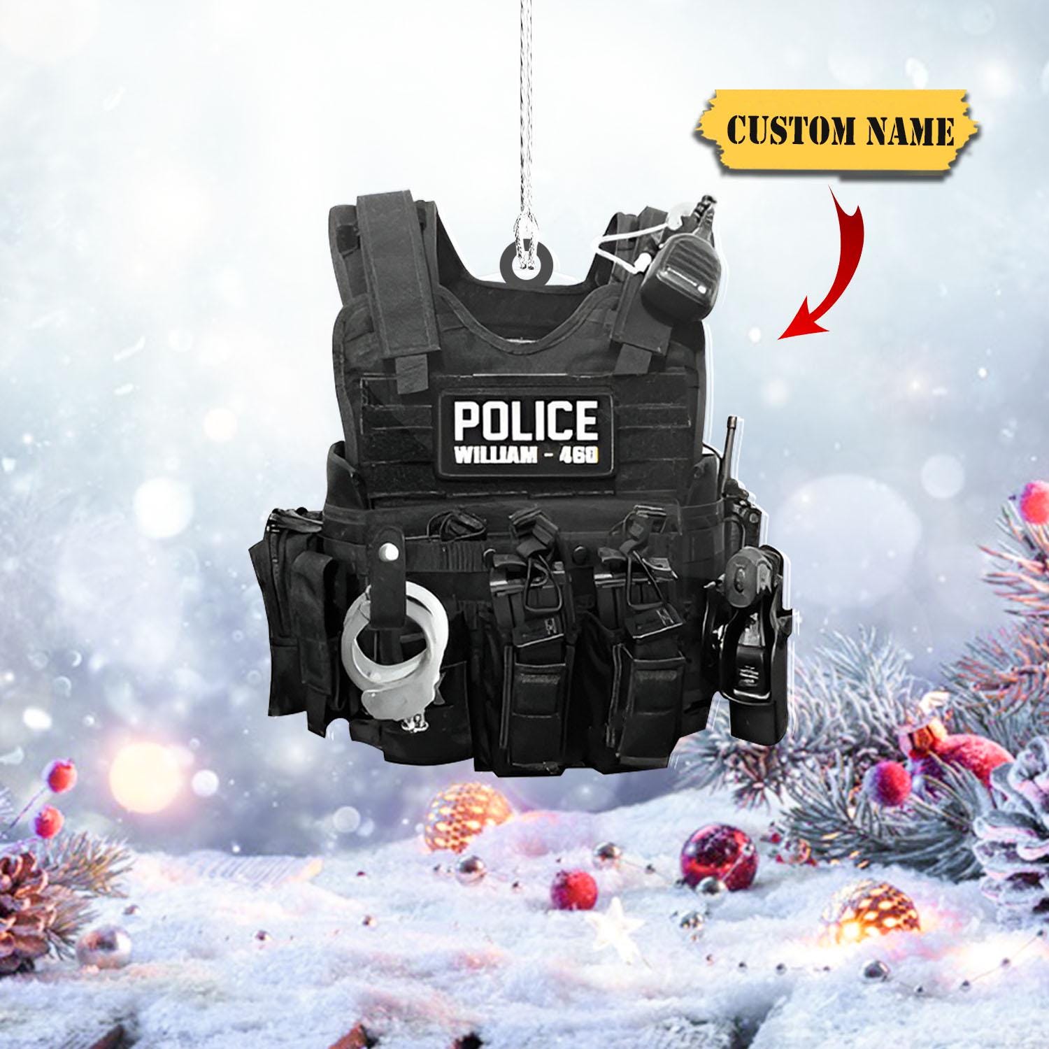 Personalized American Police Or Sheriff With Name And Number Christmas Acrylic Ornament 2D, Police Outfit Ornament Christmas Gifts HAOR0711