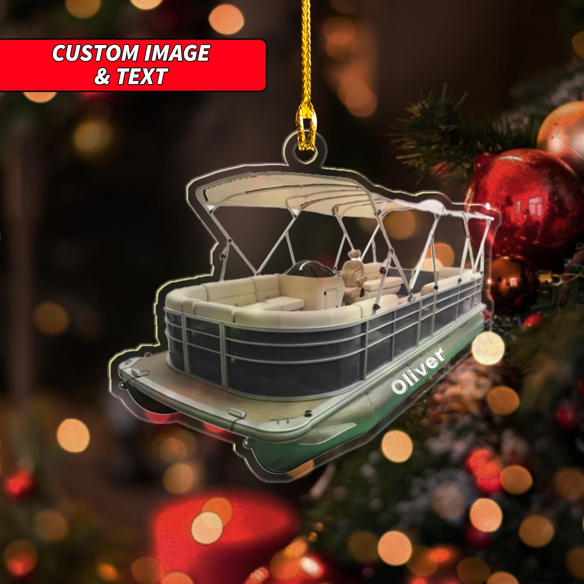 Personalized Black Pontoon Boat Christmas Ornament, Pontoon Acrylic Ornament, Custom Pontoon Boat Keychain Ornament, 2D Flat Boat Ornament ORNO5