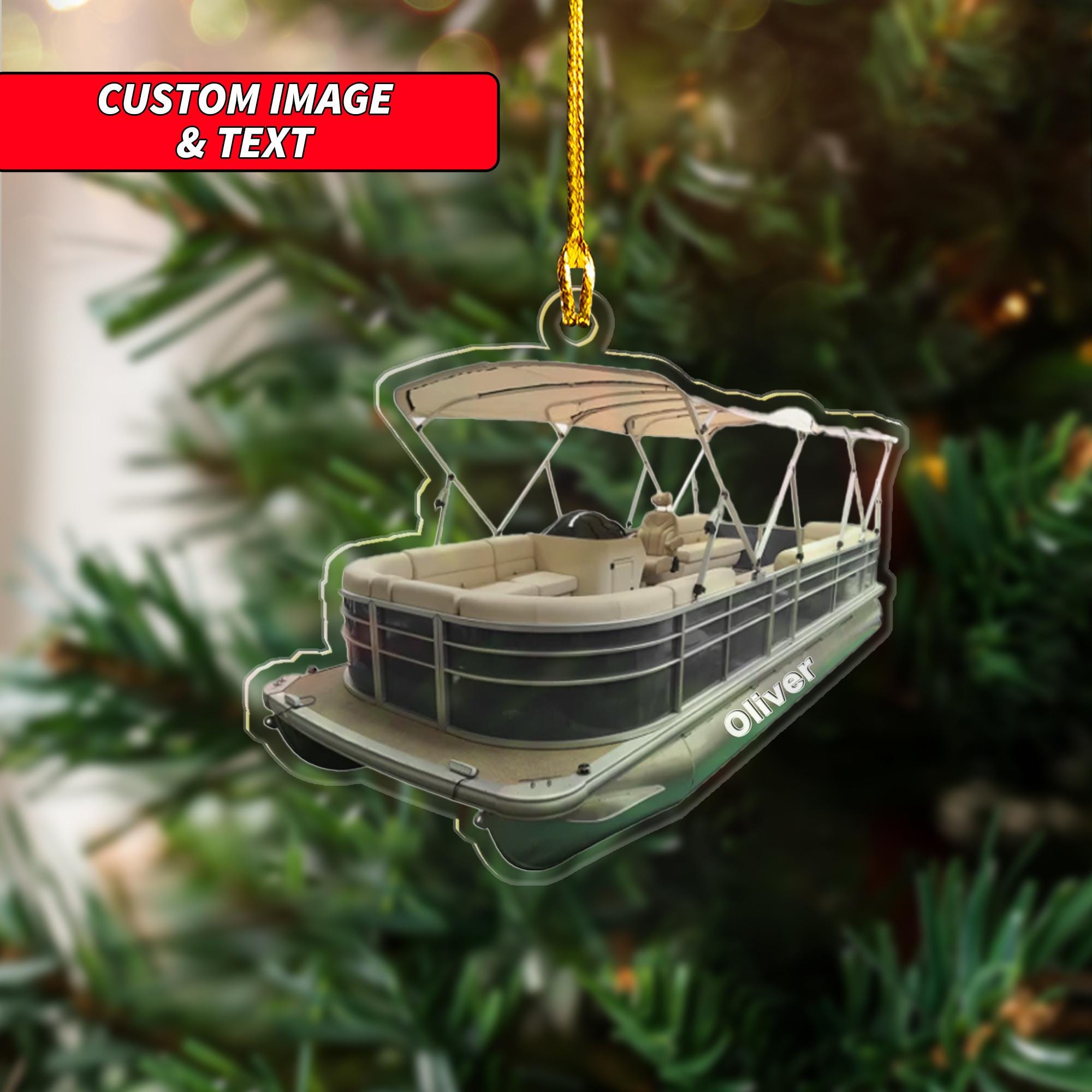 Personalized Black Pontoon Boat Christmas Ornament, Pontoon Acrylic Ornament, Custom Pontoon Boat Keychain Ornament, 2D Flat Boat Ornament ORNO5