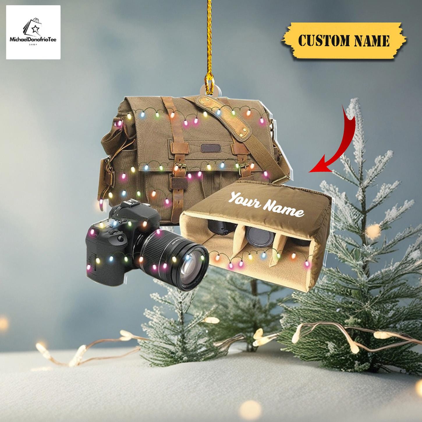 Personalized Camera Bag Christmas Ornament FLAT 2D, Vintage Camera Bag with Lights, Photography Christmas Gift, Photography Lover Gift HAOR0711