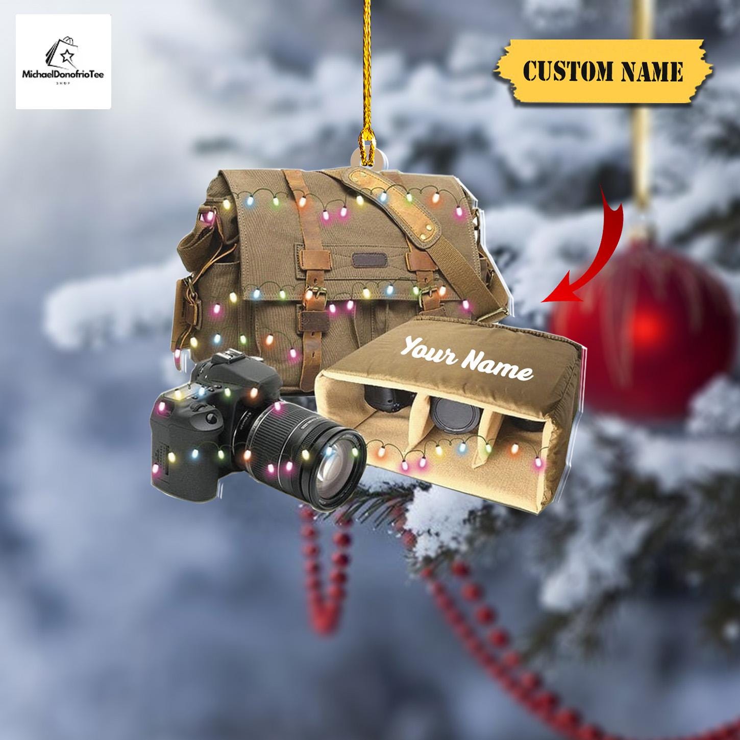 Personalized Camera Bag Christmas Ornament FLAT 2D, Vintage Camera Bag with Lights, Photography Christmas Gift, Photography Lover Gift HAOR0711