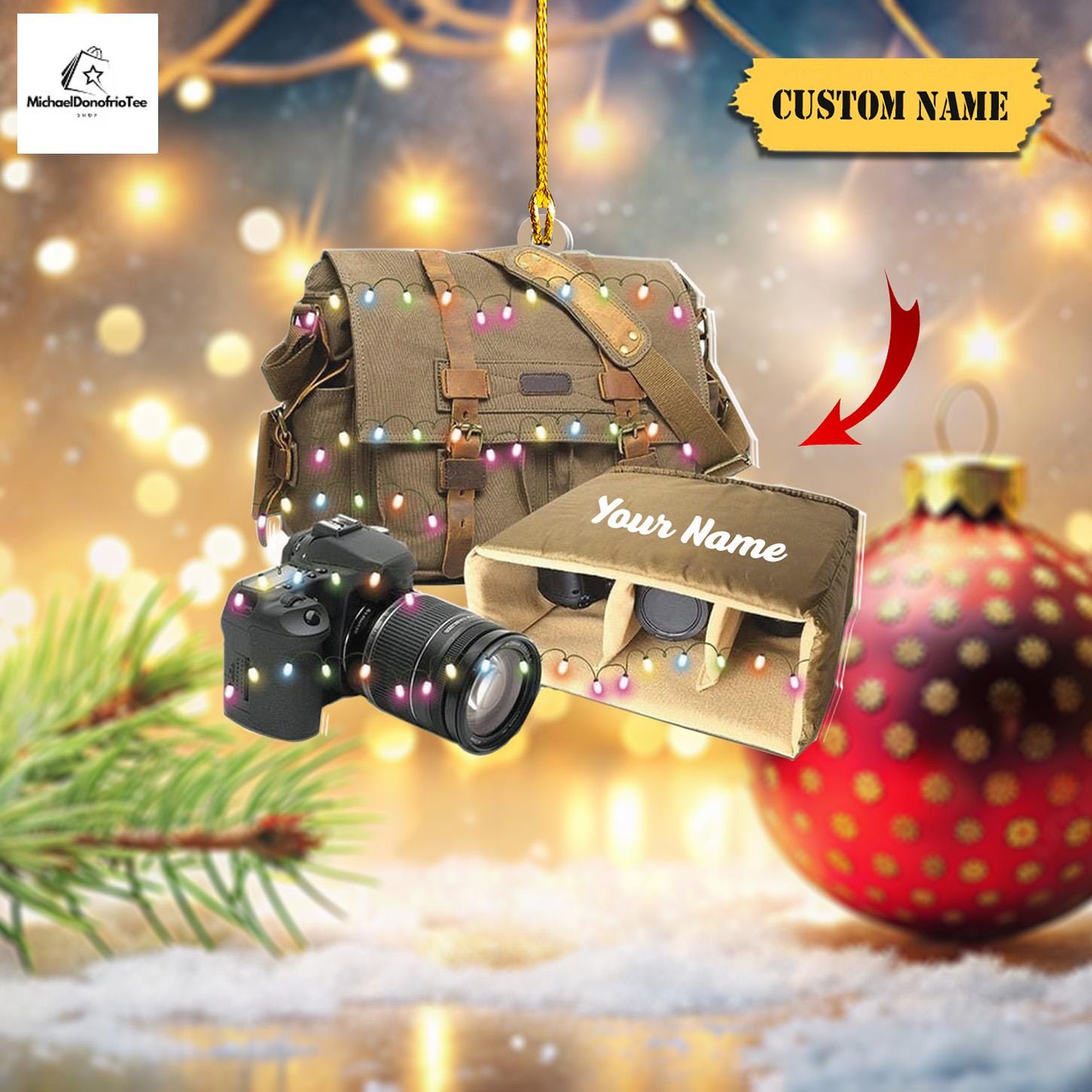 Personalized Camera Bag Christmas Ornament FLAT 2D, Vintage Camera Bag with Lights, Photography Christmas Gift, Photography Lover Gift HAOR0711