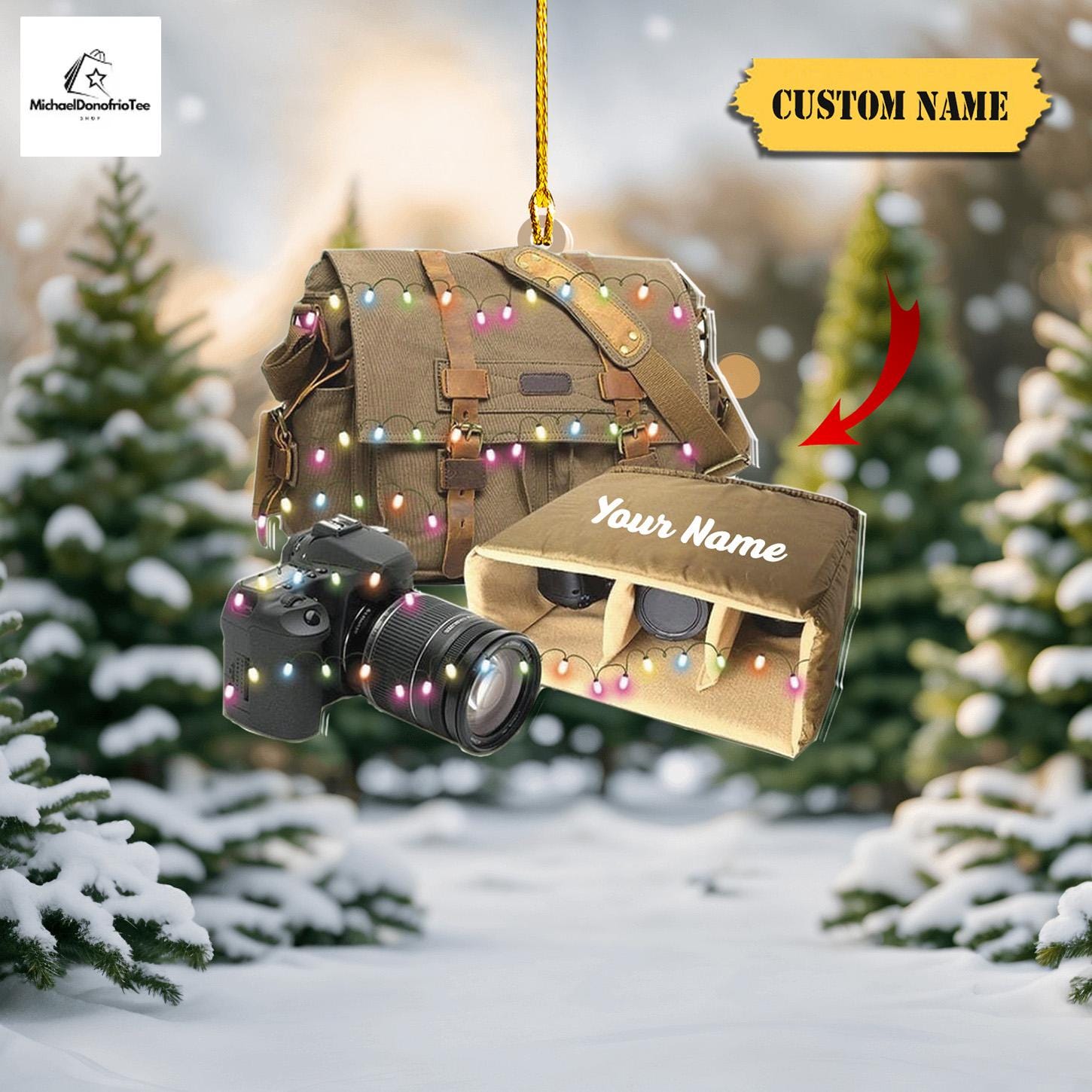 Personalized Camera Bag Christmas Ornament FLAT 2D, Vintage Camera Bag with Lights, Photography Christmas Gift, Photography Lover Gift HAOR0711