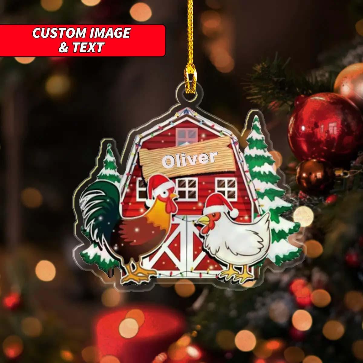 Personalized Chicken Coop Ornament, 2D Flat Red Barn Chicken Farm Ornament, Custom Santa Hat Rooster Hanging Christmas Ornament ORNO5