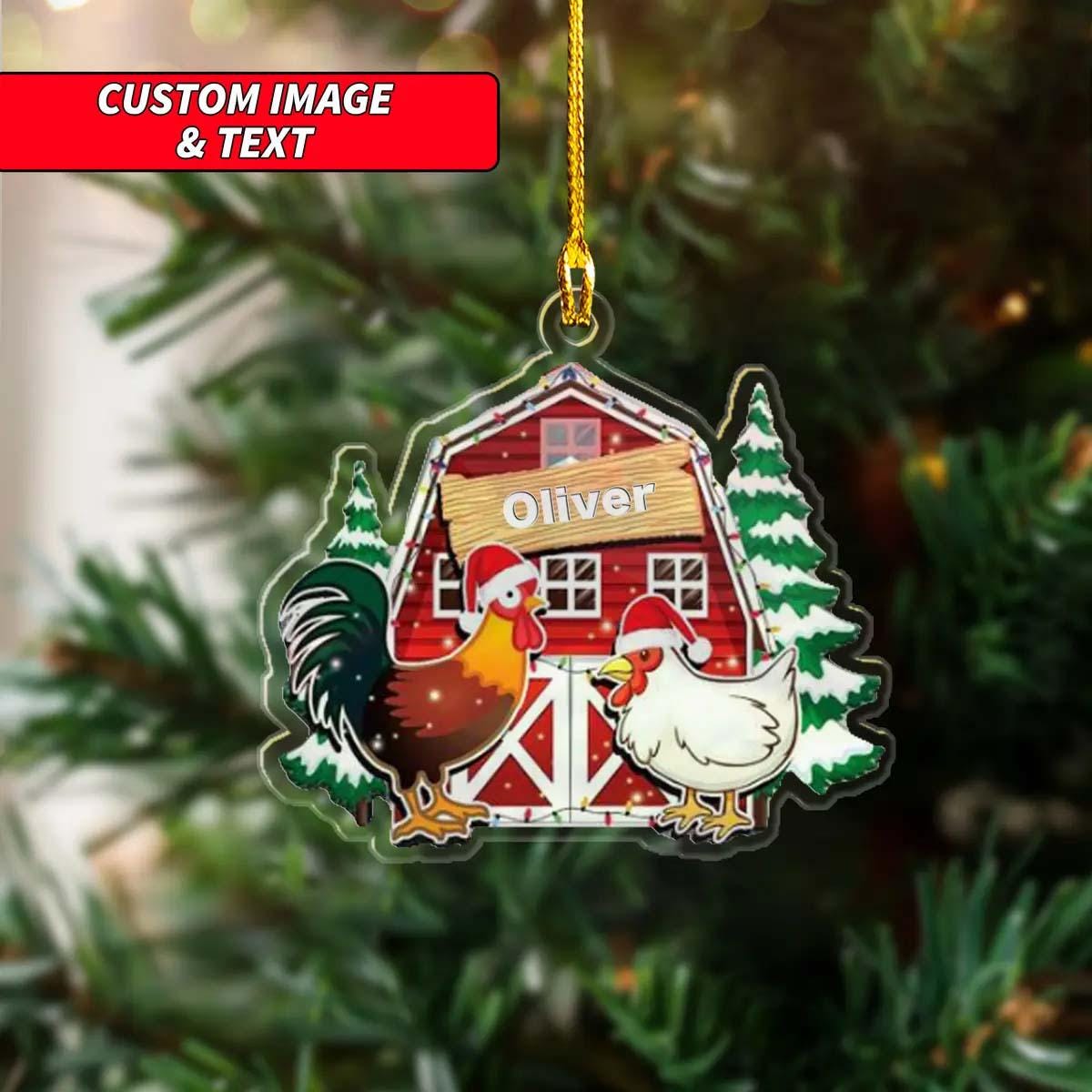 Personalized Chicken Coop Ornament, 2D Flat Red Barn Chicken Farm Ornament, Custom Santa Hat Rooster Hanging Christmas Ornament ORNO5