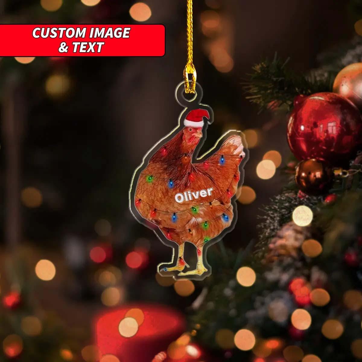 Personalized Chicken Xmas Ornament, Custom Christmas Tree Hanging Decor, 2D Flat Xmas Ornament, Chicken Ornaments With Christmas Light ORNO5