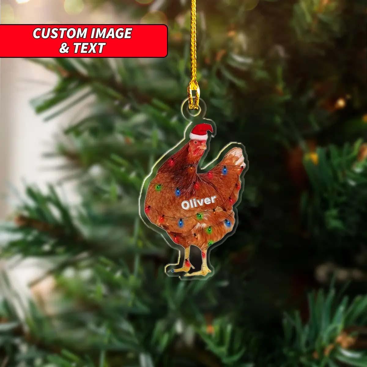 Personalized Chicken Xmas Ornament, Custom Christmas Tree Hanging Decor, 2D Flat Xmas Ornament, Chicken Ornaments With Christmas Light ORNO5