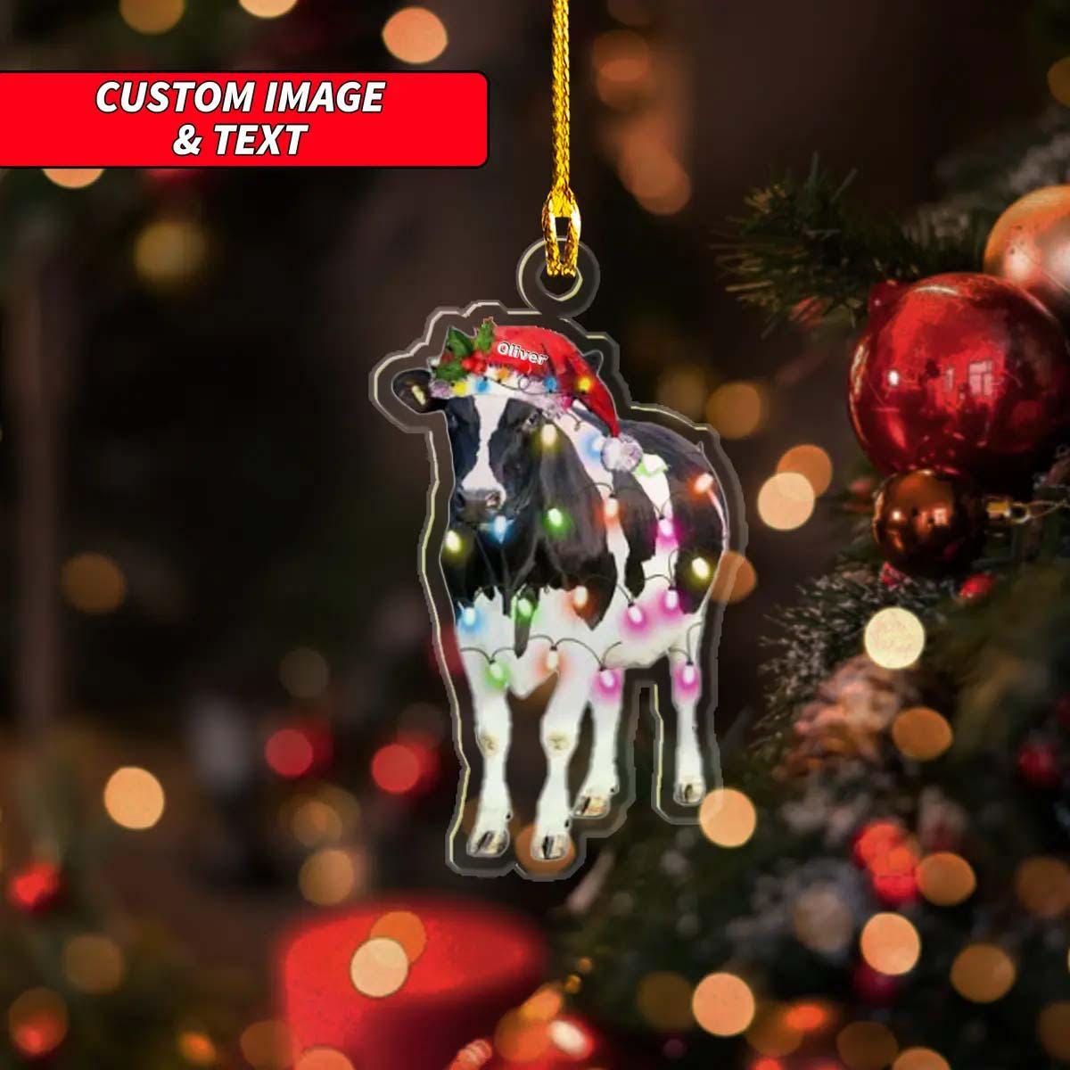 Personalized Christmas Cow & Lights Ornament, Custom Cow Acrylic Reusable Holiday Decor Xmas Tree Ornament, 2D Flat Farmhouse Ornament ORNO5