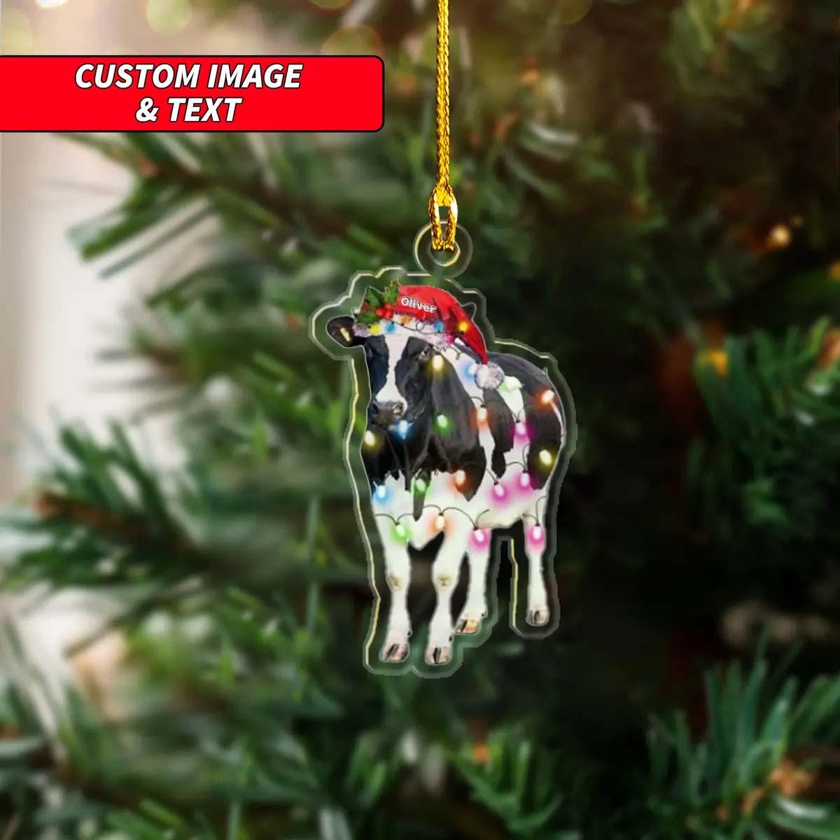 Personalized Christmas Cow & Lights Ornament, Custom Cow Acrylic Reusable Holiday Decor Xmas Tree Ornament, 2D Flat Farmhouse Ornament ORNO5