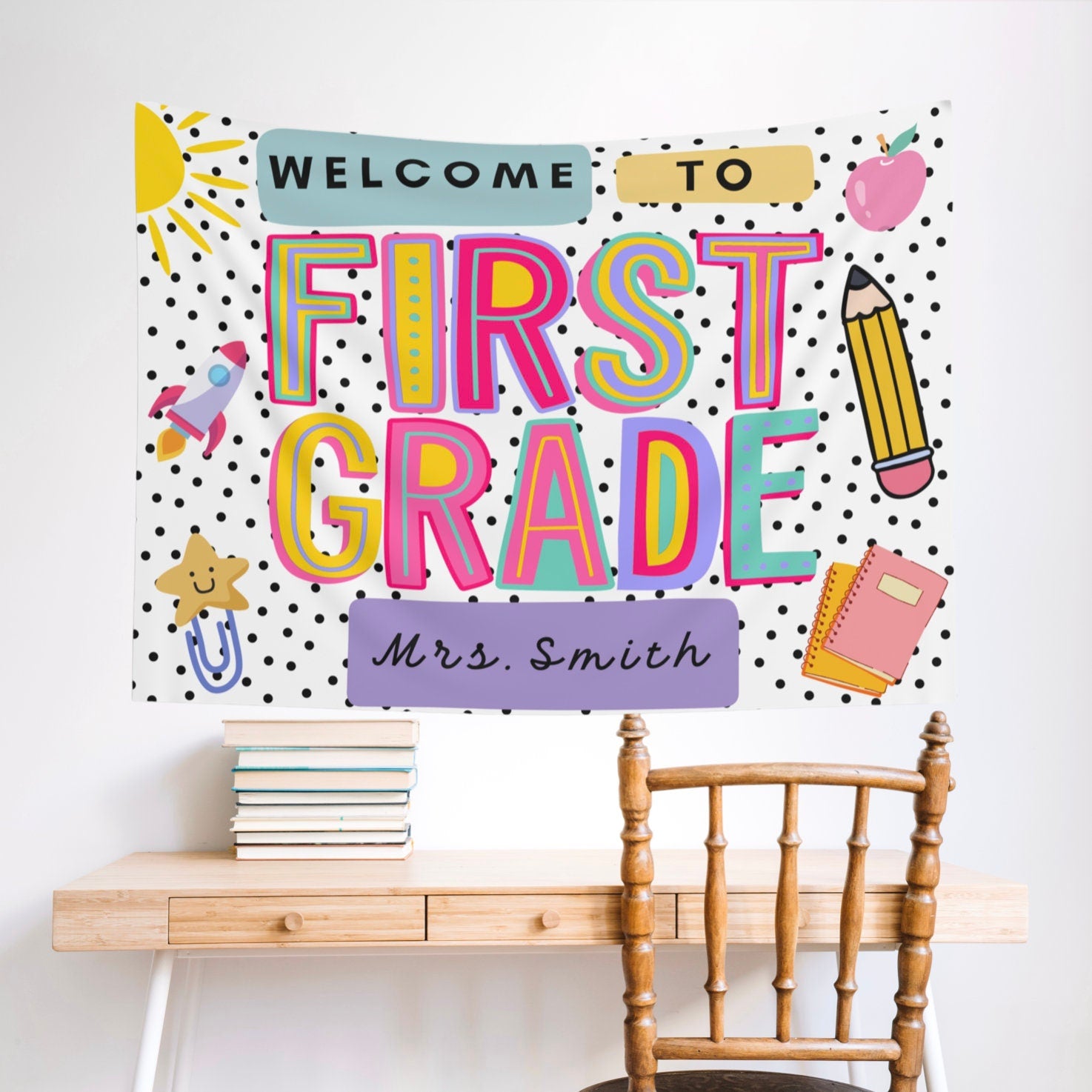 Personalized Classroom Tapestry, Groovy Classroom Decor, Retro Classroom Banner, Welcome Back To School Sign, unique Teacher Banner theme TAPES1