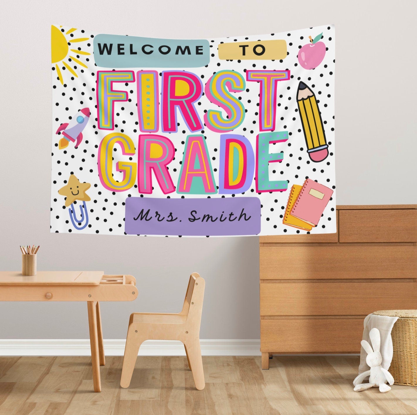 Personalized Classroom Tapestry, Groovy Classroom Decor, Retro Classroom Banner, Welcome Back To School Sign, unique Teacher Banner theme TAPES1
