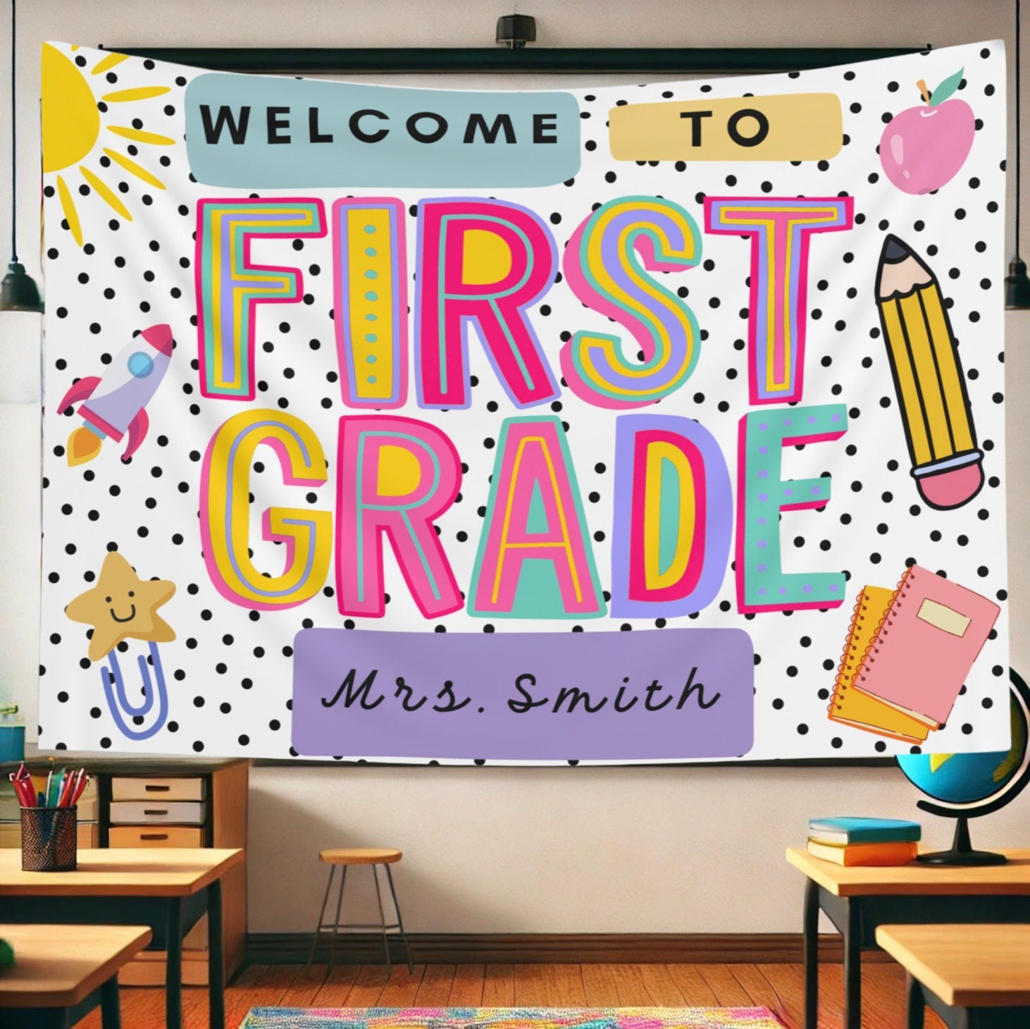 Personalized Classroom Tapestry, Groovy Classroom Decor, Retro Classroom Banner, Welcome Back To School Sign, unique Teacher Banner theme TAPES1