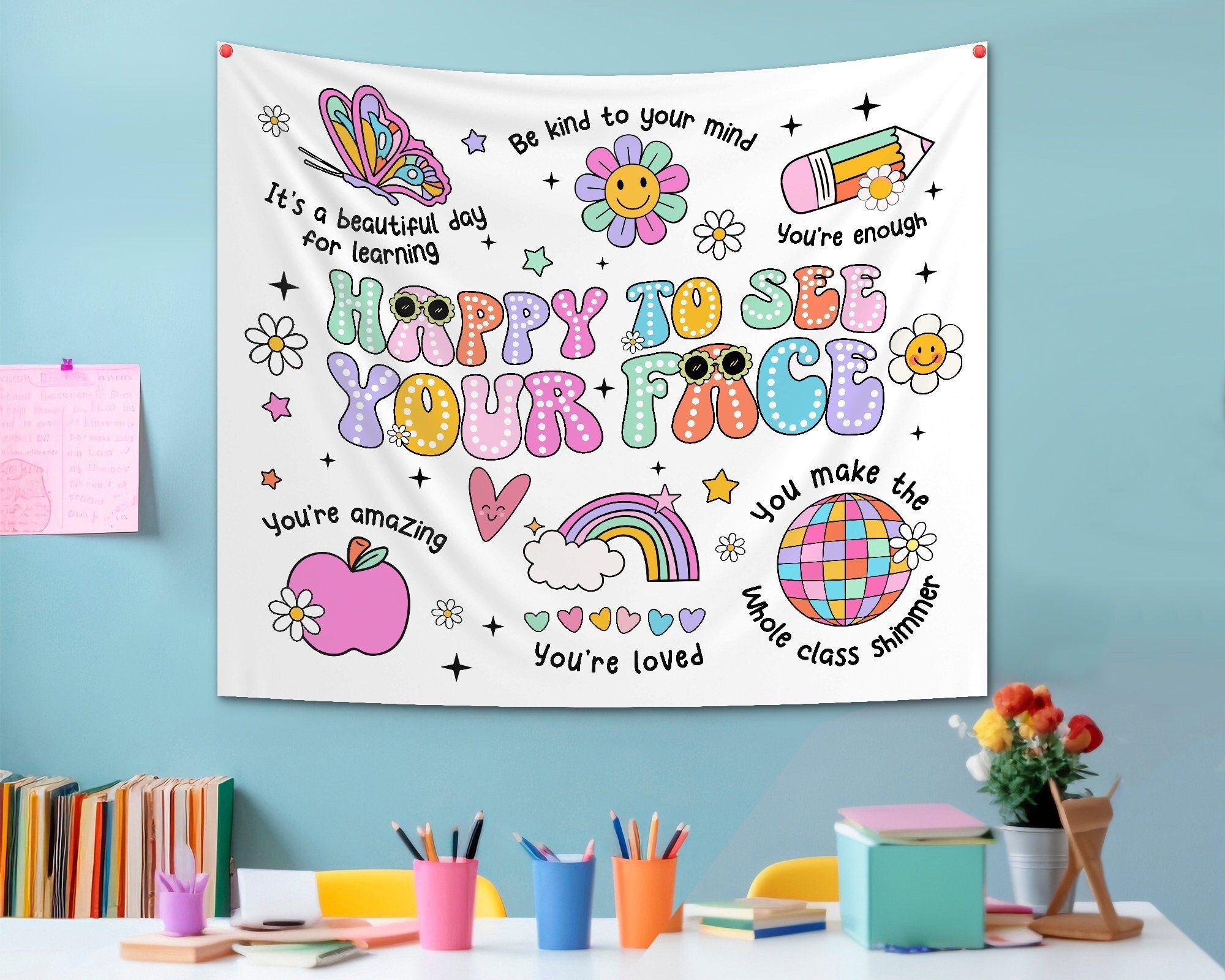 Personalized Classroom Tapestry, Happy To See Your Face, Classroom Banner, Groovy Teacher Tapestry, Classroom Decor, Back To School Gift TAPES1