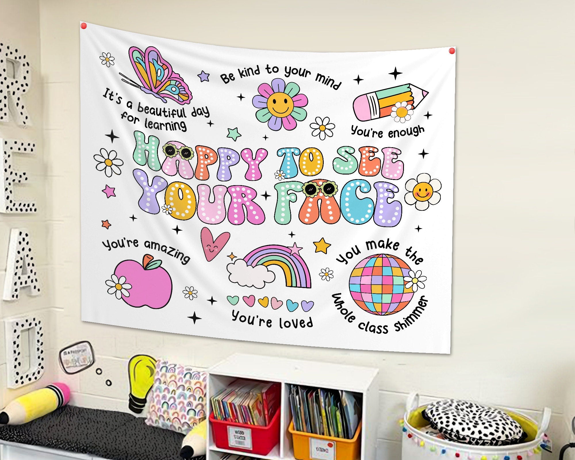 Personalized Classroom Tapestry, Happy To See Your Face, Classroom Banner, Groovy Teacher Tapestry, Classroom Decor, Back To School Gift TAPES1