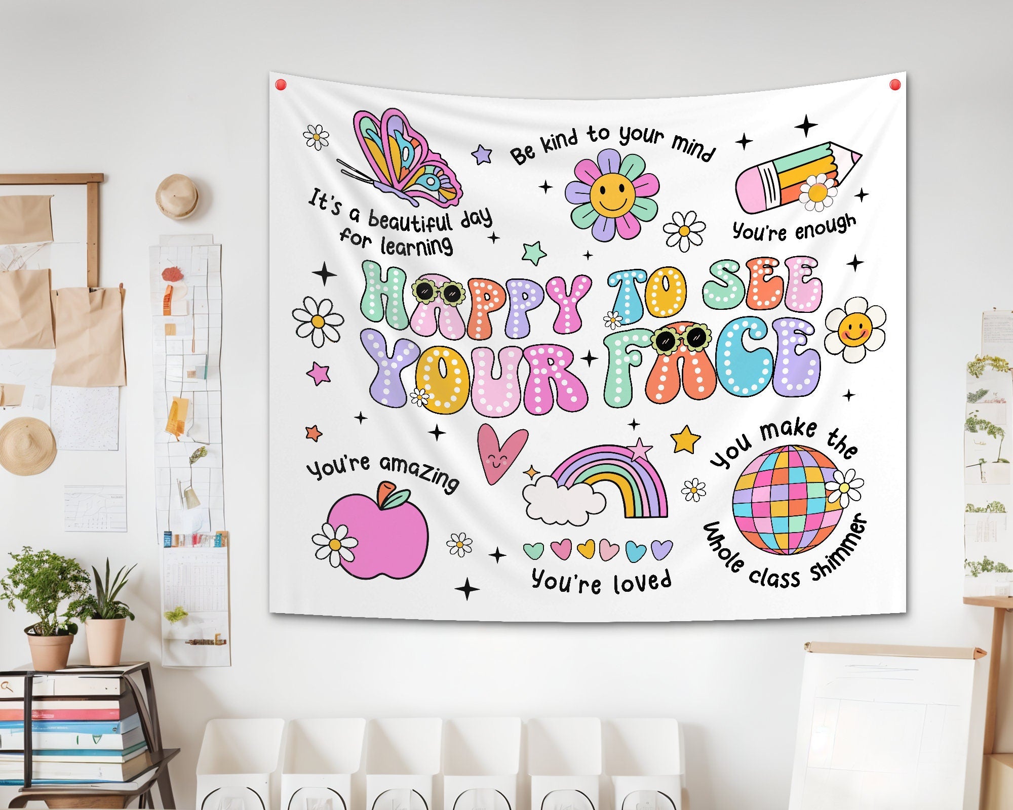 Personalized Classroom Tapestry, Happy To See Your Face, Classroom Banner, Groovy Teacher Tapestry, Classroom Decor, Back To School Gift TAPES1