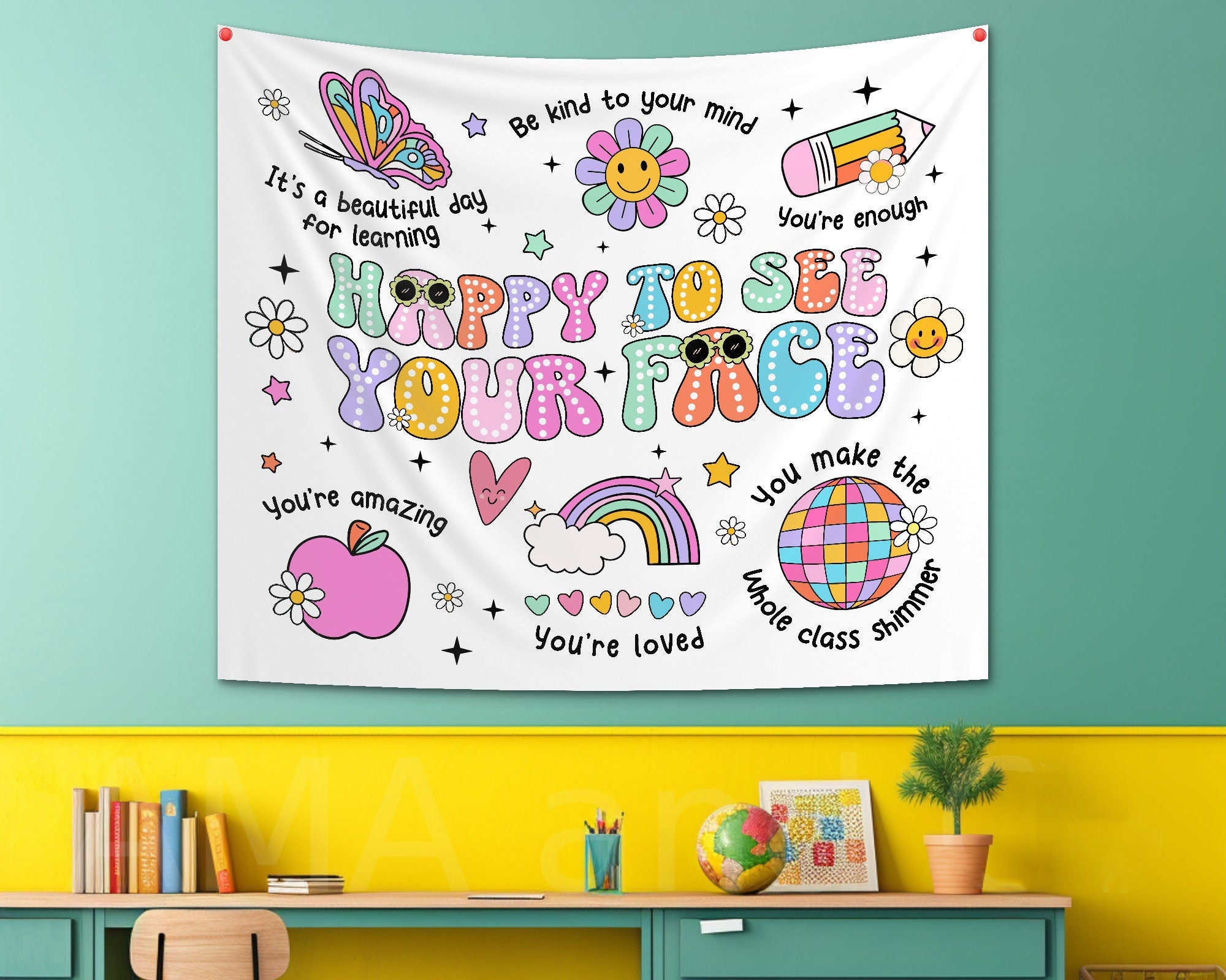 Personalized Classroom Tapestry, Happy To See Your Face, Classroom Banner, Groovy Teacher Tapestry, Classroom Decor, Back To School Gift TAPES1