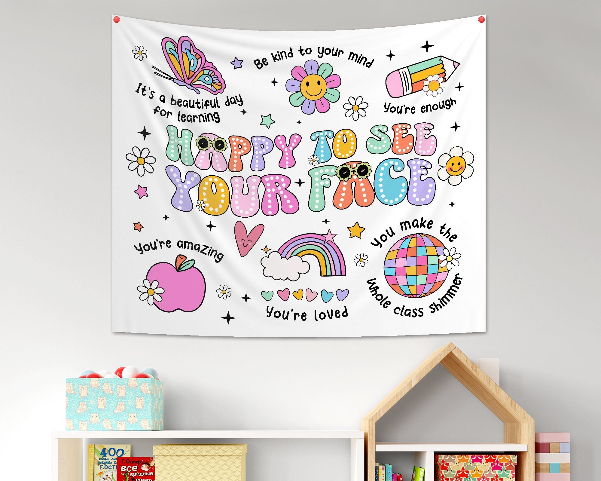 Personalized Classroom Tapestry, Happy To See Your Face, Classroom Banner, Groovy Teacher Tapestry, Classroom Decor, Back To School Gift TAPES1