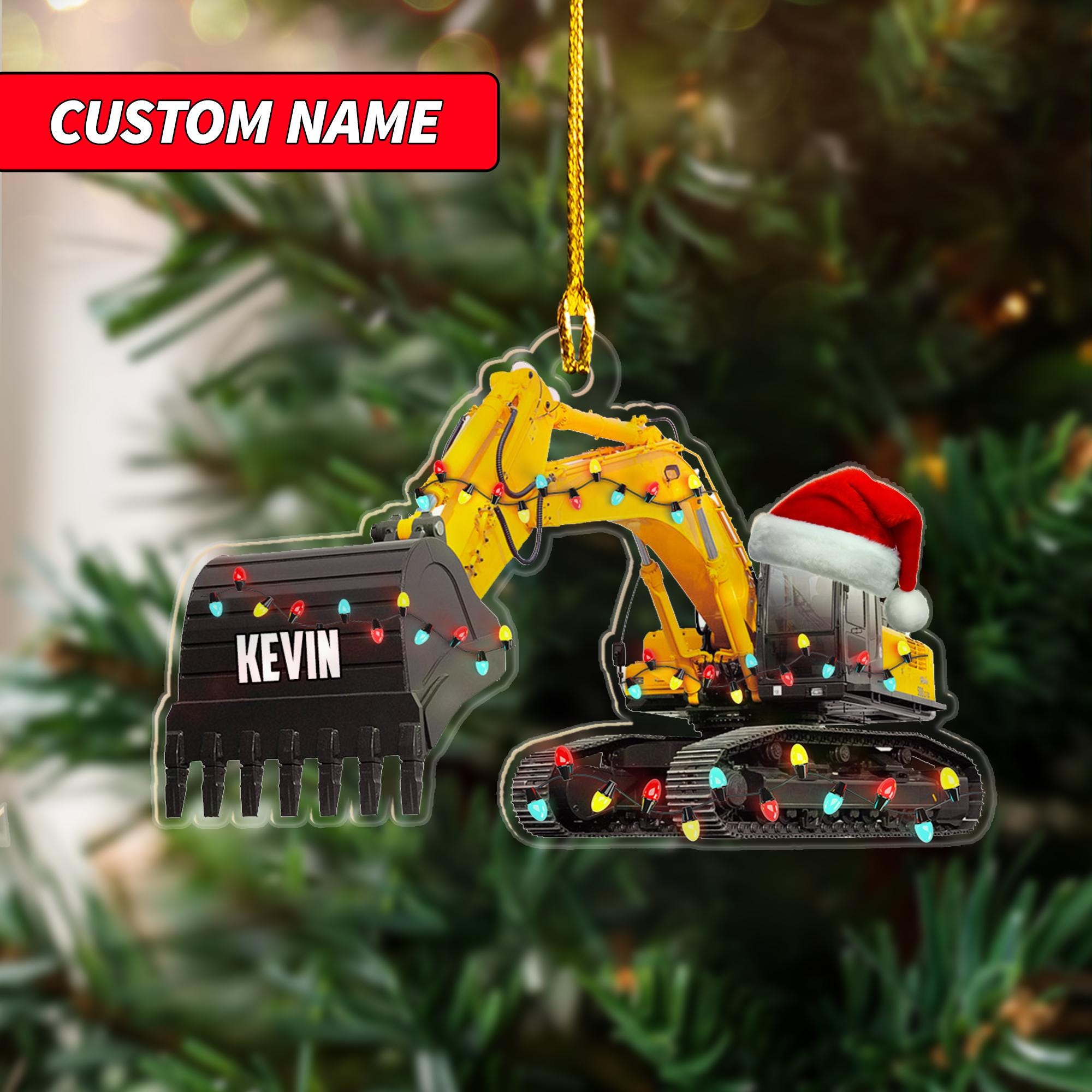 Personalized Excavator Santa Acrylic Ornament, Custom Christmas Excavator Acrylic 2d Flat Ornament, Santa Excavator Christmas Ornament ORNO5