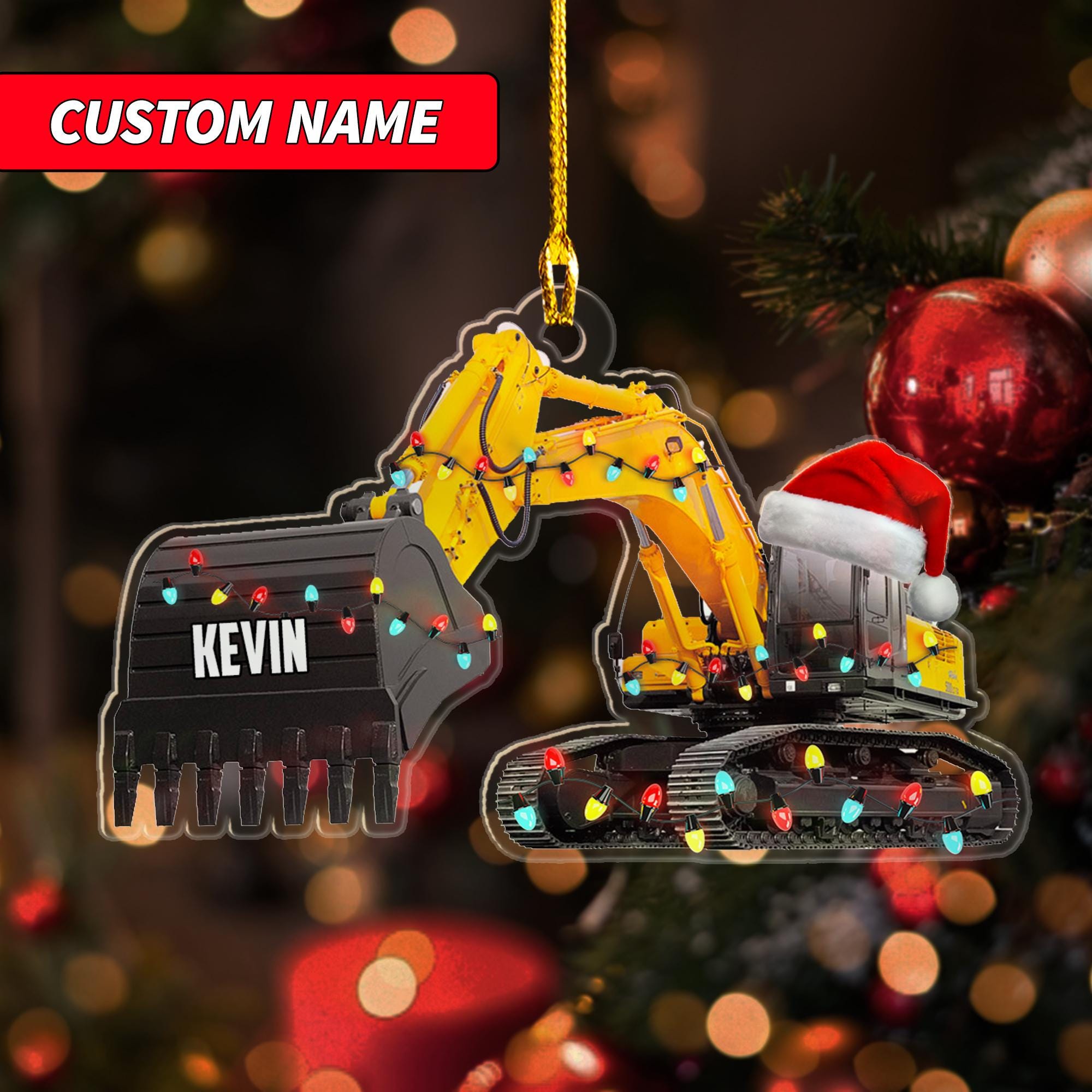 Personalized Excavator Santa Acrylic Ornament, Custom Christmas Excavator Acrylic 2d Flat Ornament, Santa Excavator Christmas Ornament ORNO5