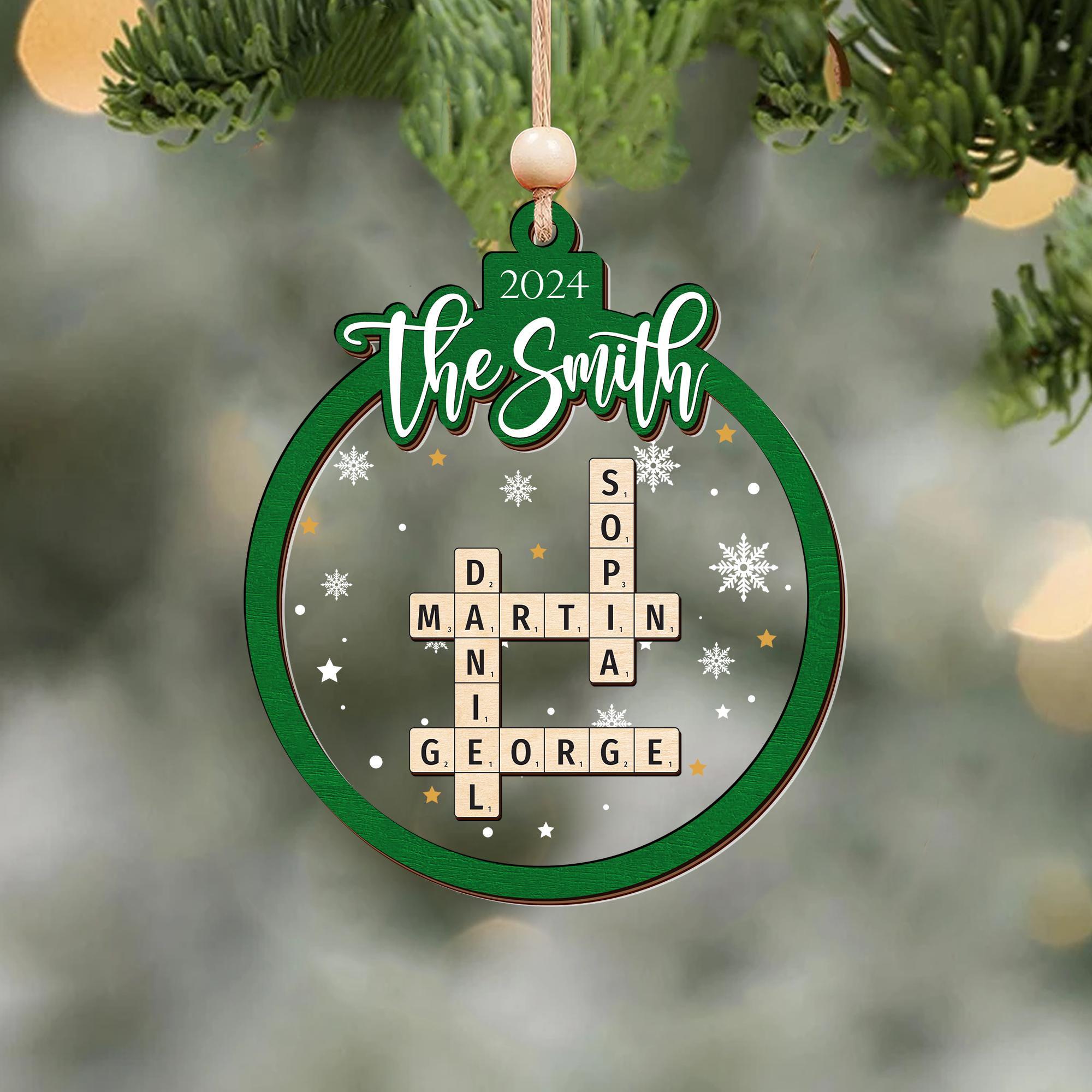 Personalized  Family Christmas Gifts Grandkids Crossword Puzzle Wooden Ornament, Personalized Family Christmas Ornaments 2024 OROC24