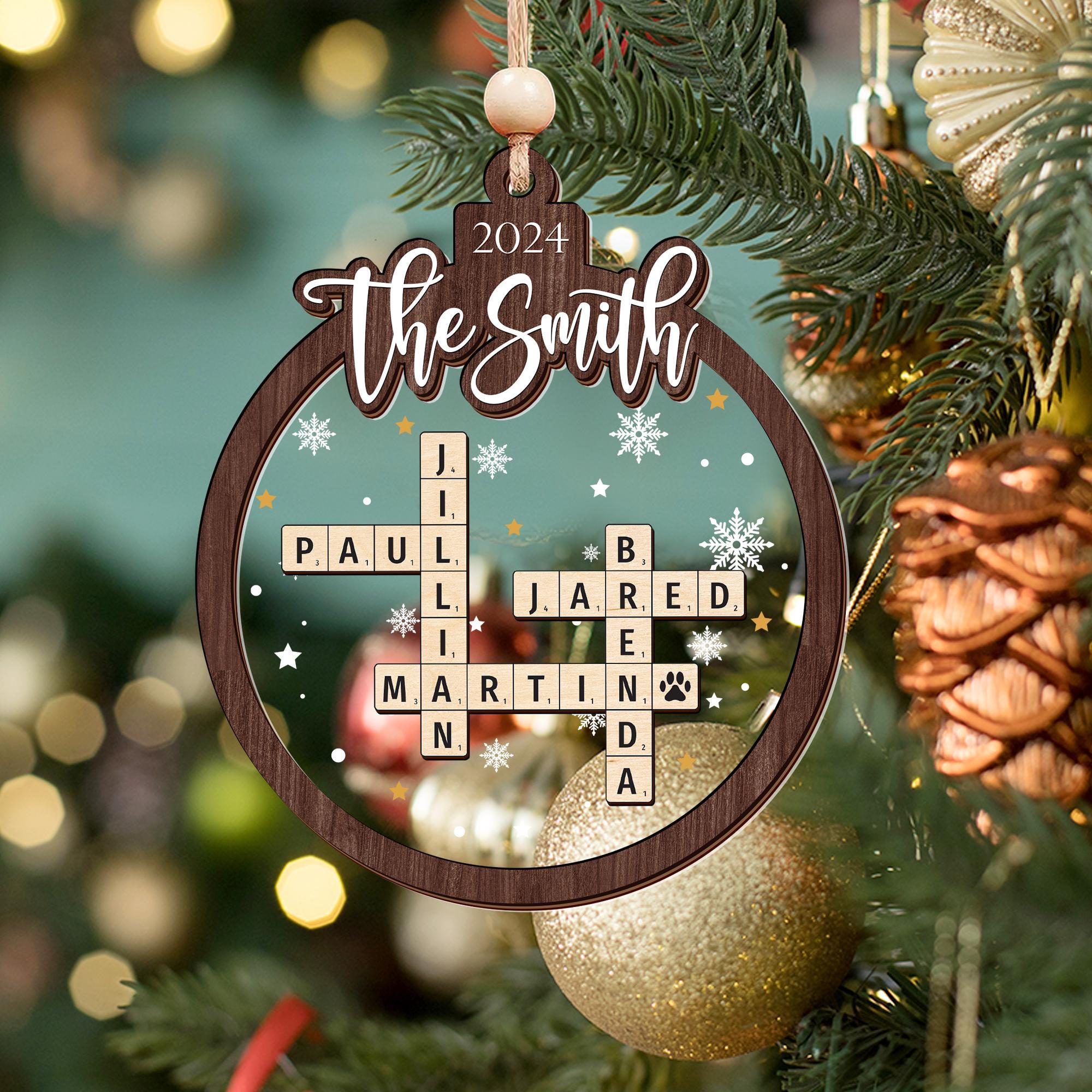 Personalized  Family Christmas Gifts Grandkids Crossword Puzzle Wooden Ornament, Personalized Family Christmas Ornaments 2024 OROC24
