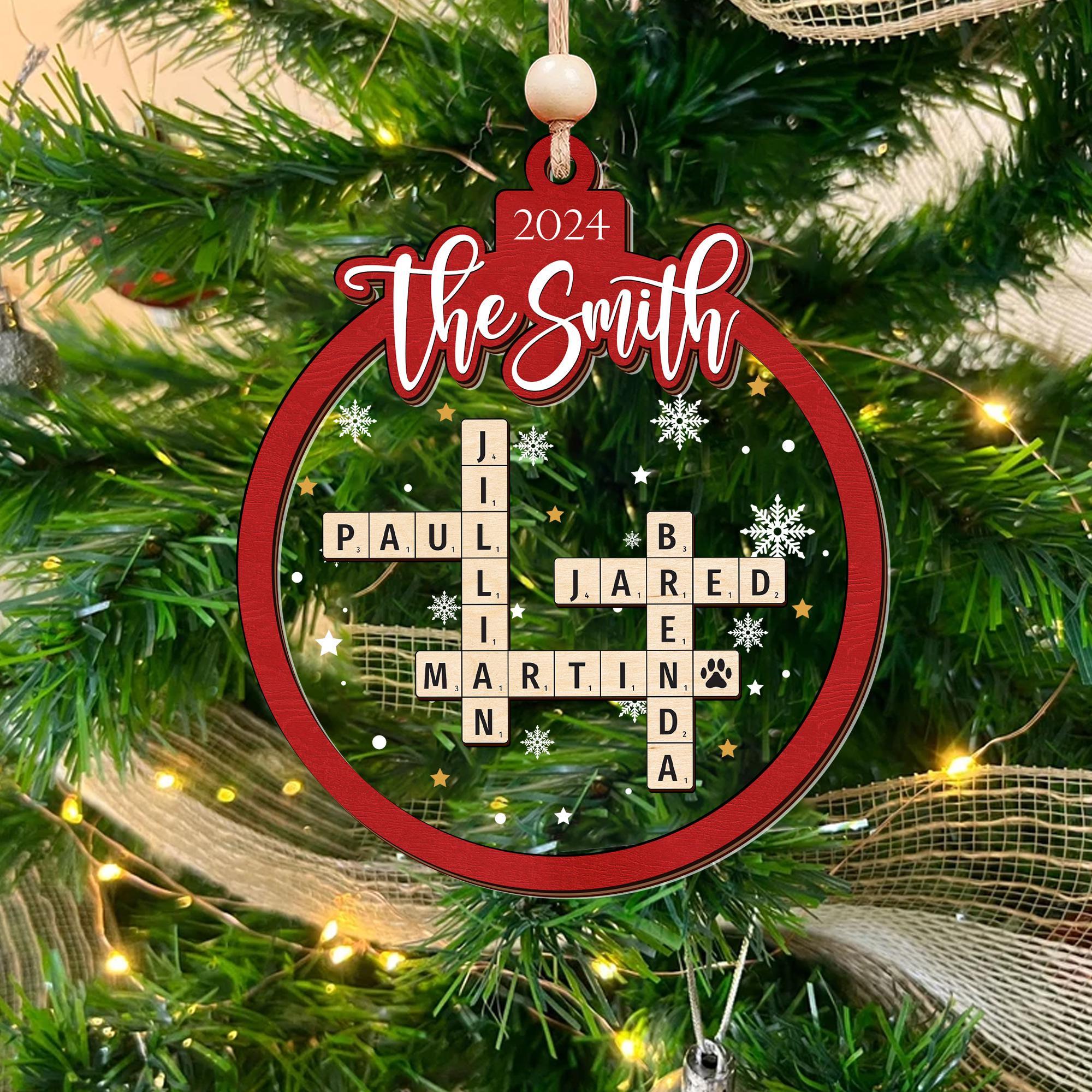 Personalized  Family Christmas Gifts Grandkids Crossword Puzzle Wooden Ornament, Personalized Family Christmas Ornaments 2024 OROC24