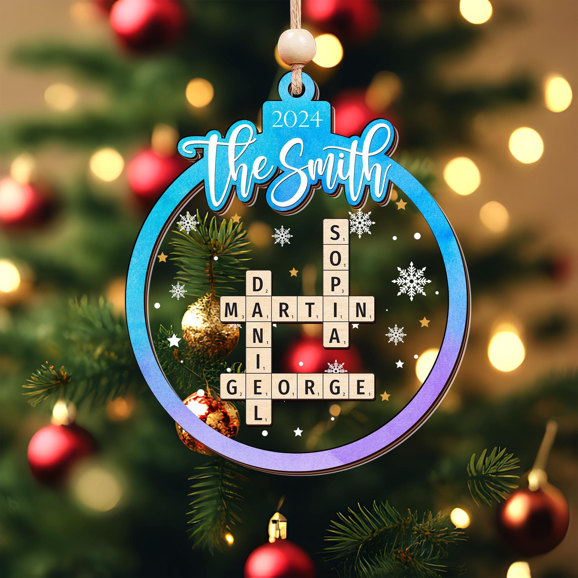 Personalized  Family Christmas Gifts Grandkids Crossword Puzzle Wooden Ornament, Personalized Family Christmas Ornaments 2024 OROC24