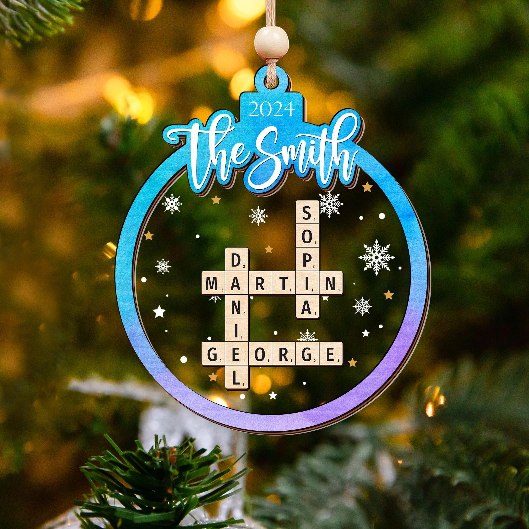 Personalized  Family Christmas Gifts Grandkids Crossword Puzzle Wooden Ornament, Personalized Family Christmas Ornaments 2024 OROC24