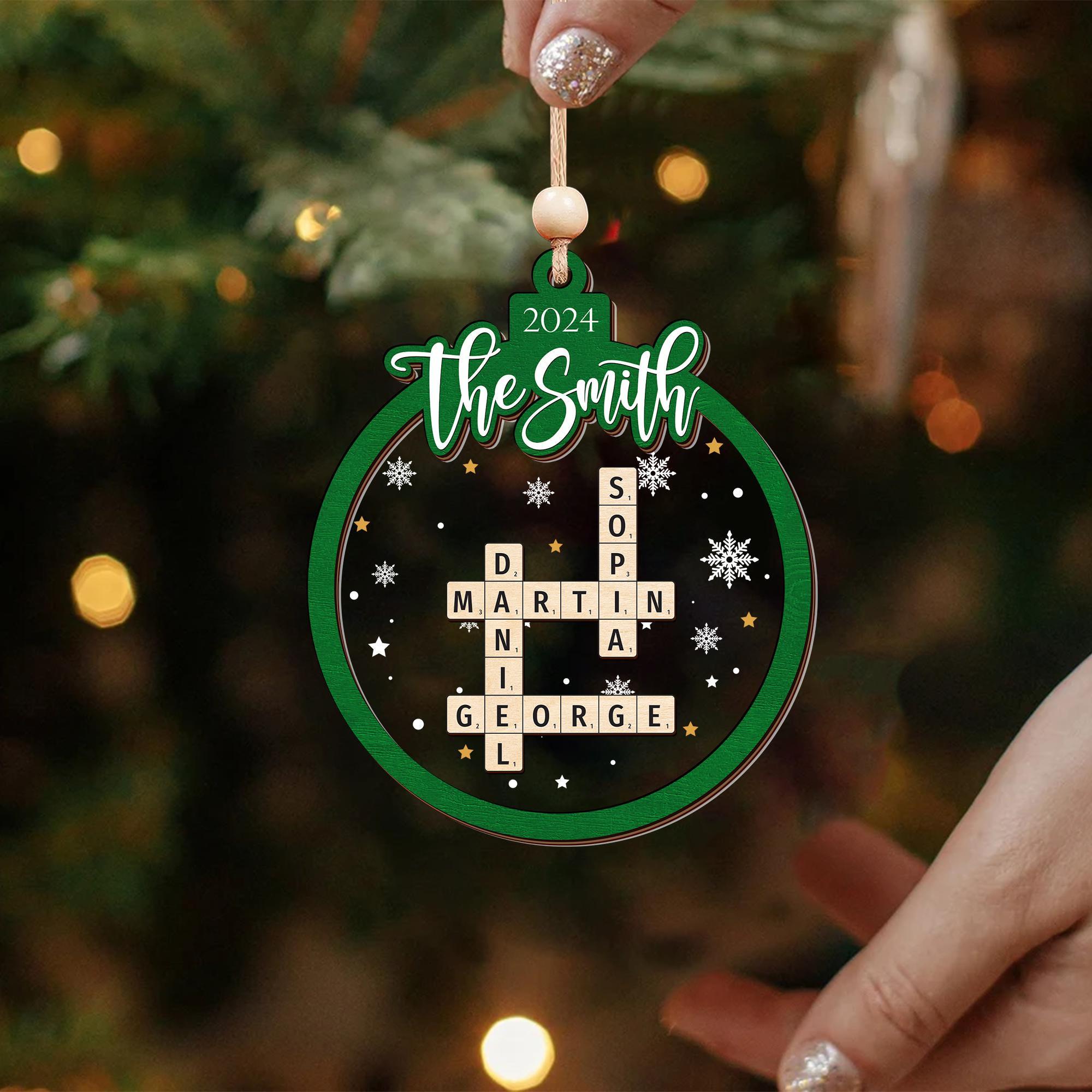 Personalized  Family Christmas Gifts Grandkids Crossword Puzzle Wooden Ornament, Personalized Family Christmas Ornaments 2024 OROC24