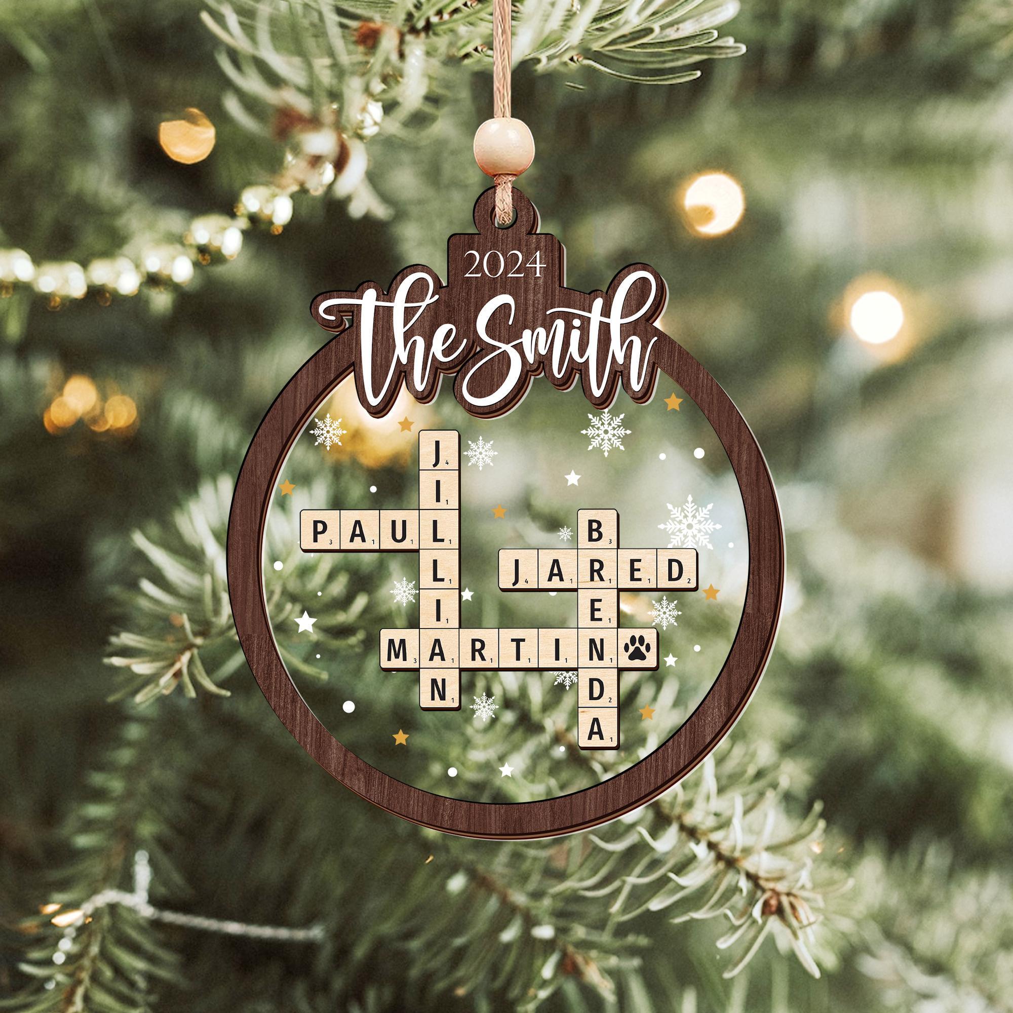 Personalized  Family Christmas Gifts Grandkids Crossword Puzzle Wooden Ornament, Personalized Family Christmas Ornaments 2024 OROC24