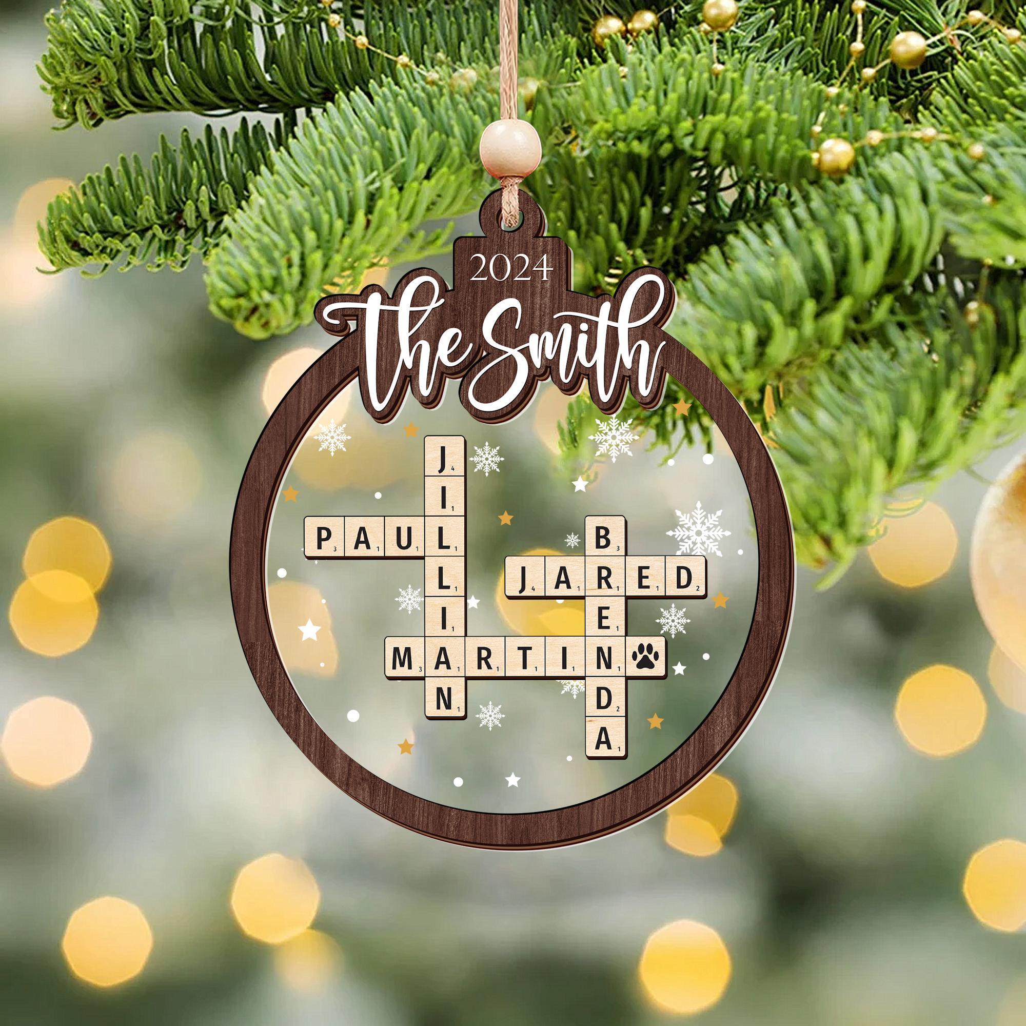 Personalized  Family Christmas Gifts Grandkids Crossword Puzzle Wooden Ornament, Personalized Family Christmas Ornaments 2024 OROC24