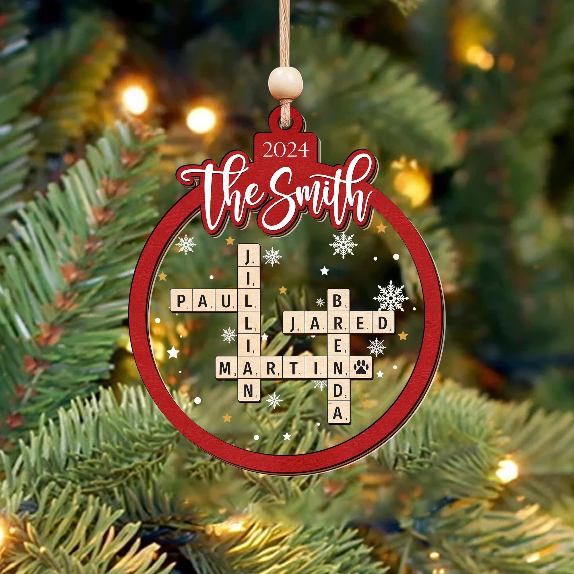 Personalized  Family Christmas Gifts Grandkids Crossword Puzzle Wooden Ornament, Personalized Family Christmas Ornaments 2024 OROC24