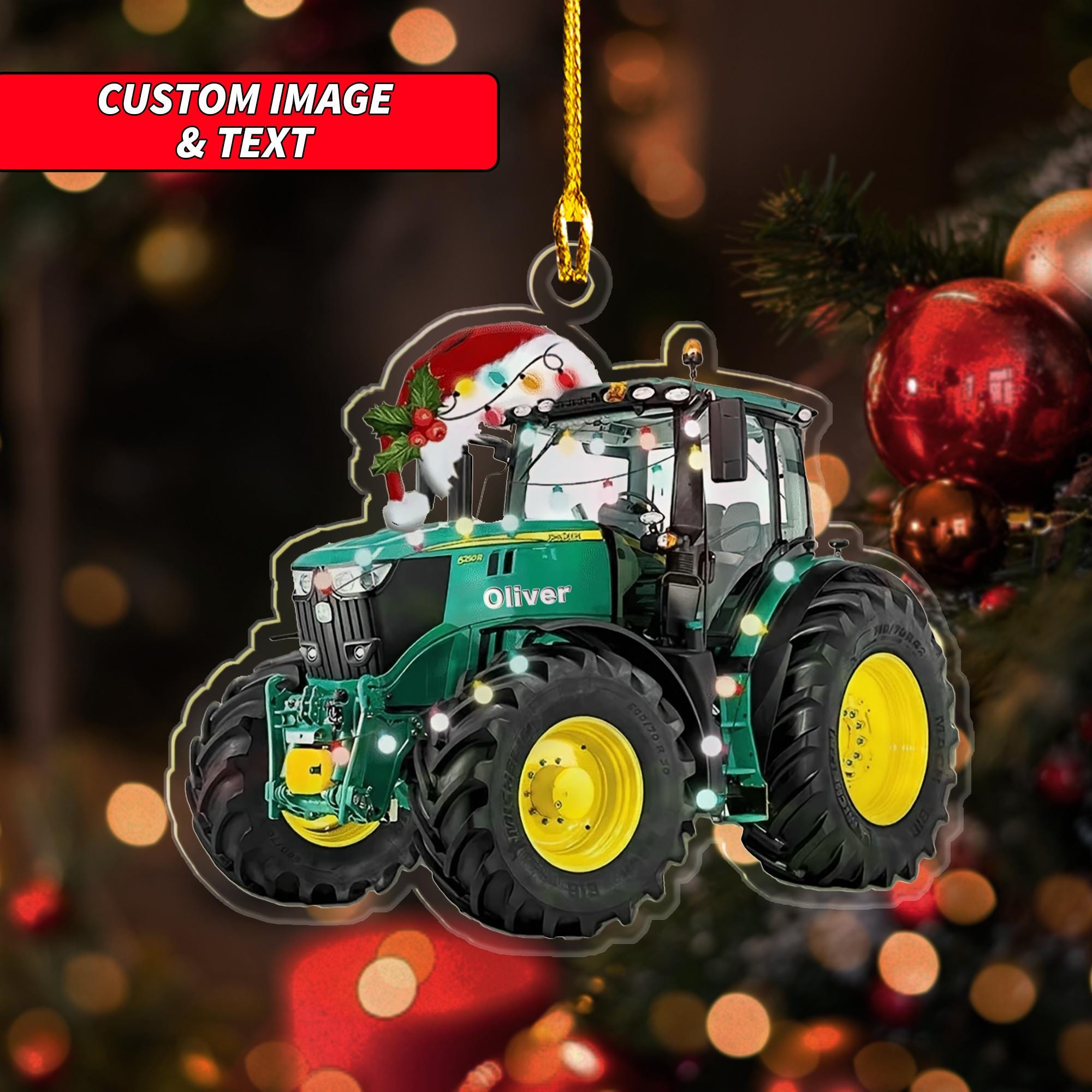 Personalized Farm Tractor Round Ornament 2024, Custom Santa Hat Farm Tractor Light Ornament, 2D Flat Tractor Farmer Christmas Ornament ORNO5
