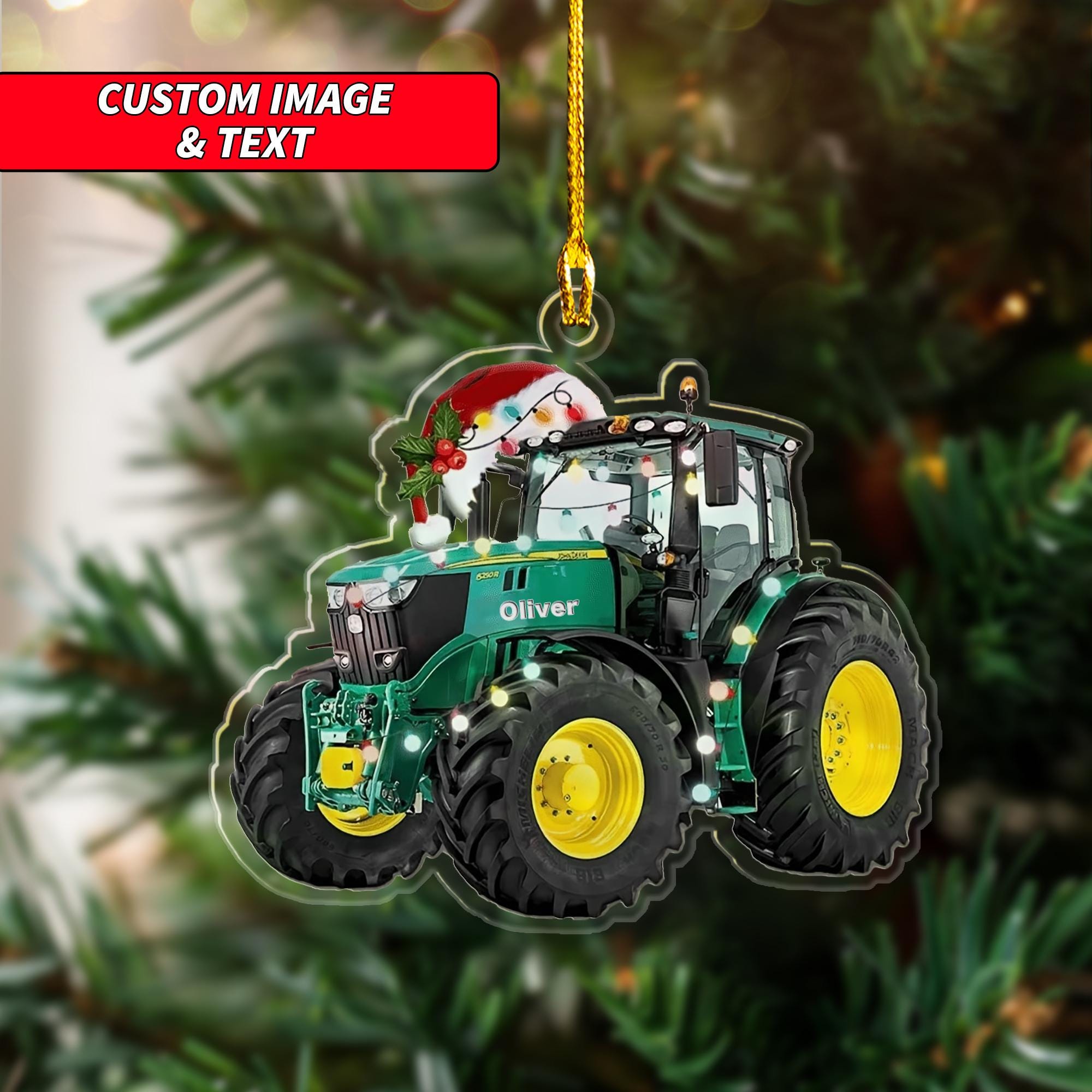 Personalized Farm Tractor Round Ornament 2024, Custom Santa Hat Farm Tractor Light Ornament, 2D Flat Tractor Farmer Christmas Ornament ORNO5