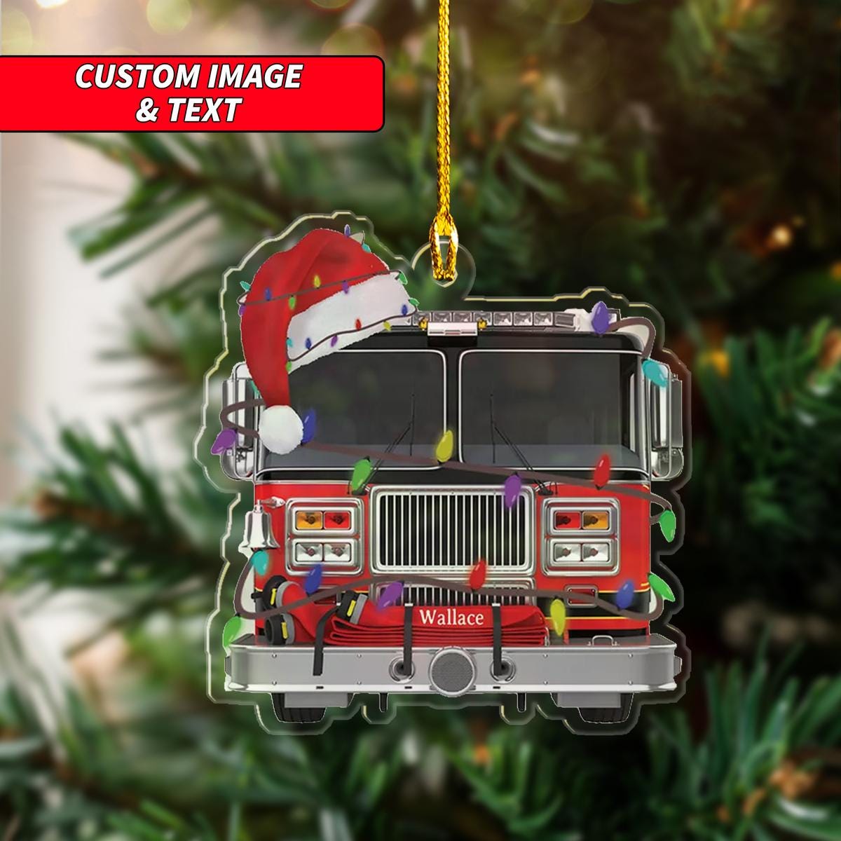 Personalized Fire Truck Santa Hat Christmas Ornament, Fire Truck With Christmas Light Christmas Ornament, Custom Name Acrylic Ornament ORNO5